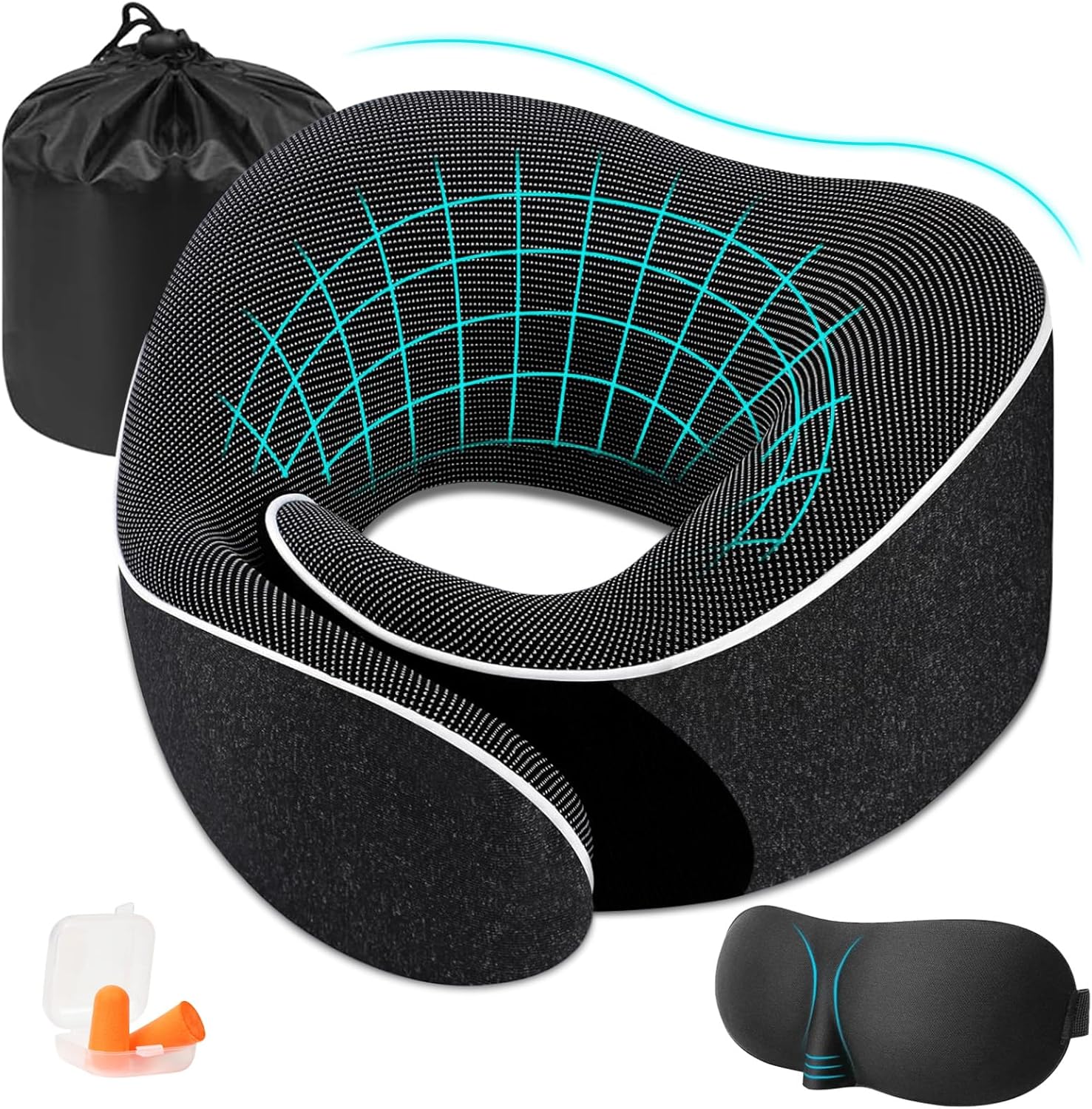 Qintora Travel Pillow, Memory Shape Travel Pillow, Travel Pillow for Adults, Eyes, Ear Plugs and Storage Bag, Suitable for Airplane and Train (B)