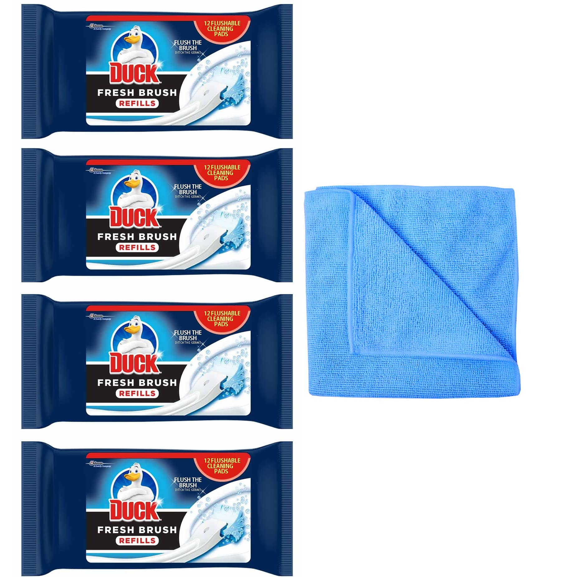 4X Duck Fresh Brush Refills (4 Packs, 48 Flushable Cleaning Pads)-Biodegradable- Duck Toilet Bowl Cleaner- with Microfibre Cleaning Cloth