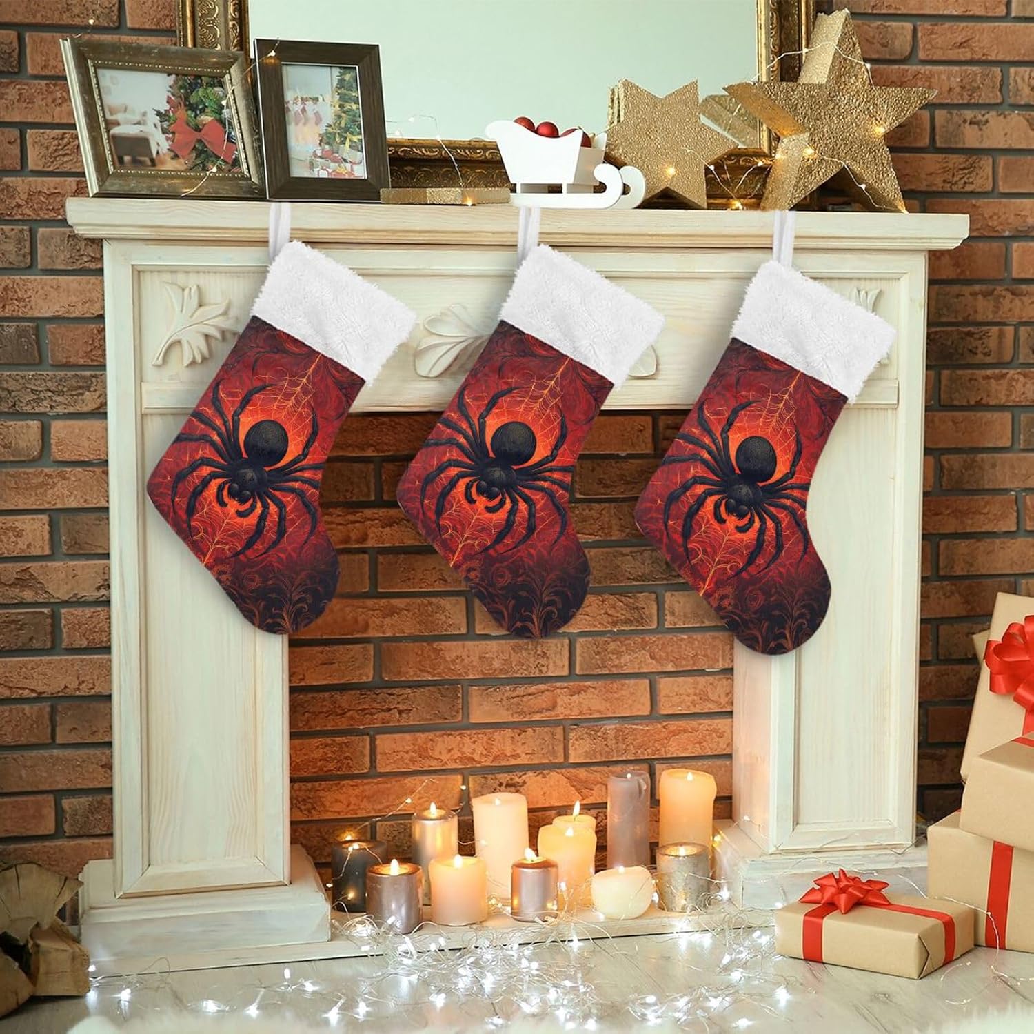 Caikeny Christmas Stockings Red Spider Halloween Cobweb Christmas Presonalized Large Stocking Sock Set of 1 Candy Bag Xmas Party Decor Family Holiday Gift 18 in