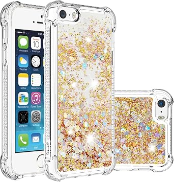 Silicone Glitter Case Compatible with iPhone SE, Girls Women Bling Liquid Floating Sparkle Quicksand Protective Shockproof TPU Waterfall Gel Clear Phone Cover Back Bumper Compatible with iPhone 5 5S
