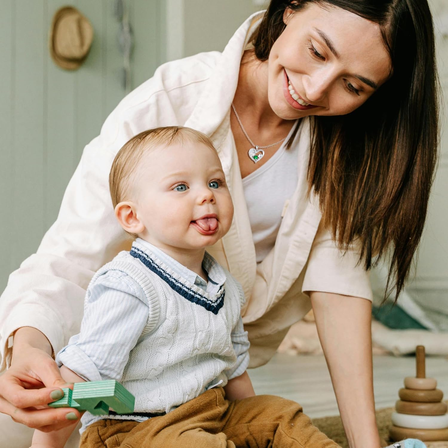 FANCIME Mom Birthstone Necklace Mother and Child Love Heart Necklace I Love You Mom Gifts Mothers Day Birthstone Jewelry Gifts for Grandmother Women Wife, 16"+2" Inches - Image 5