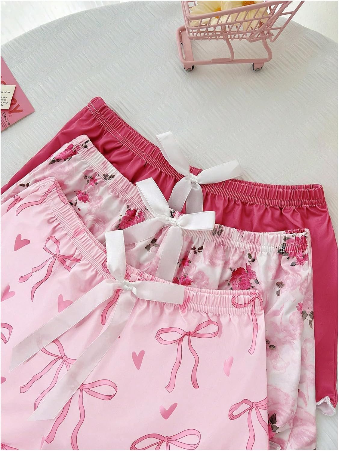 WDIRARA Women's 3 Pack Bow Floral Pajama Shorts Cute Sleep Bottoms Soft Lounge Pj Shorts - Image 4