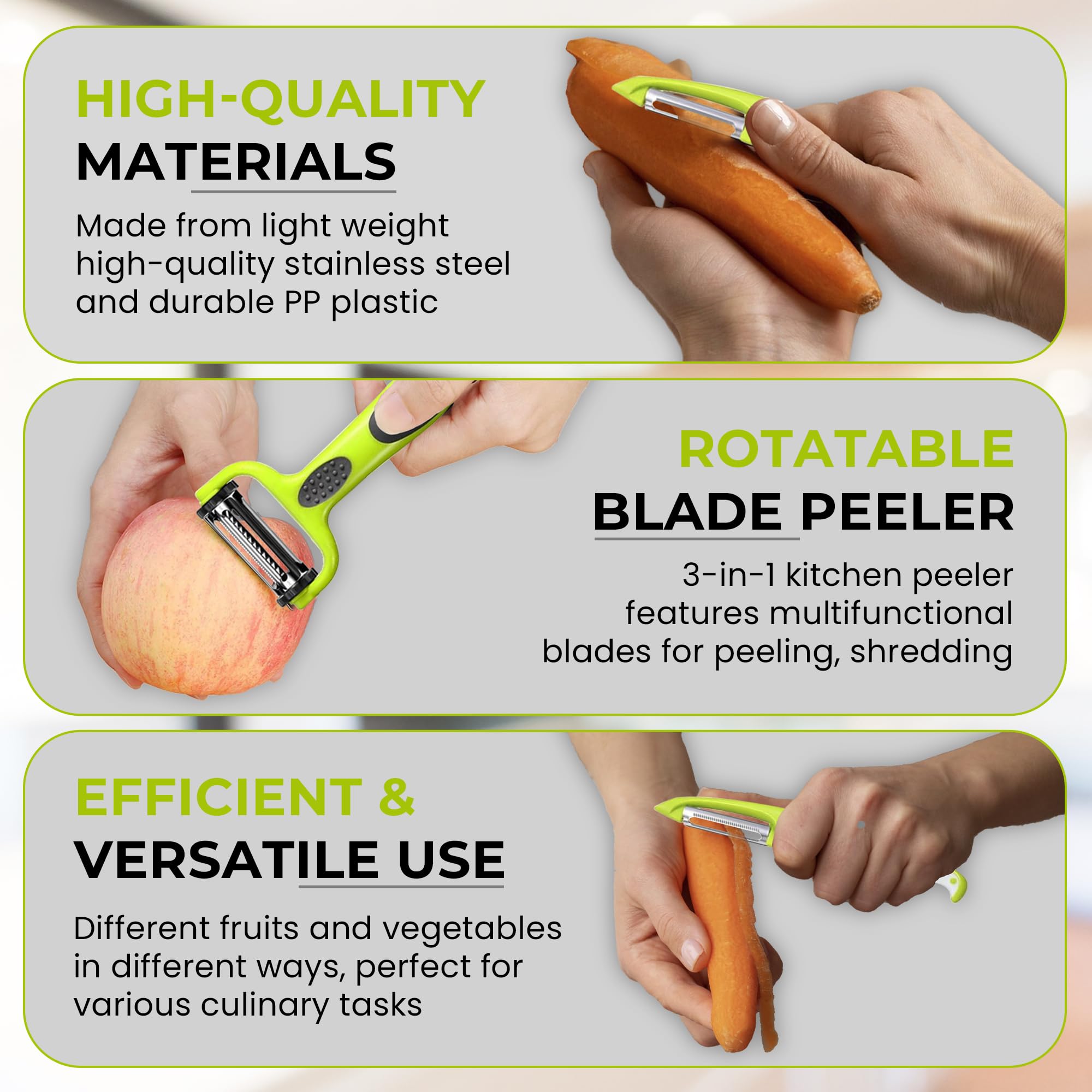 Pelador de verduras giratorio 3 en 1 con hoja de acero inoxidable, pelador vertical dentado y recto para papa, zanahoria, manzana, juego de 3 piezas, mango ergonómico antideslizante, hoja 4