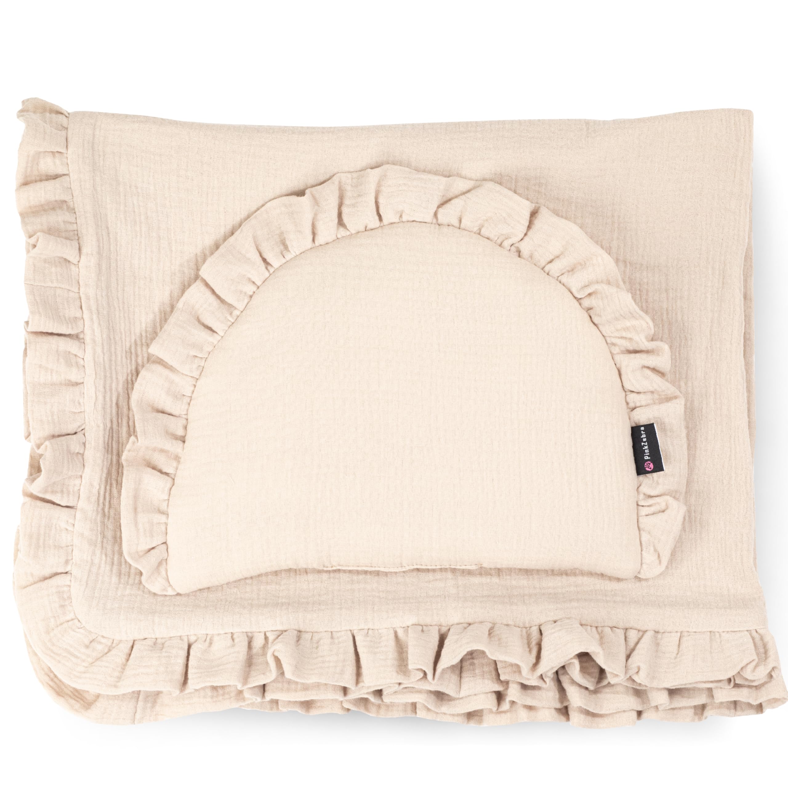 PinkZebra Parure de lit en mousseline avec volants pour bébés nouveau-nés, douce taie d'oreiller plate + couverture 4 épaisseurs en 100% coton bio, Beige