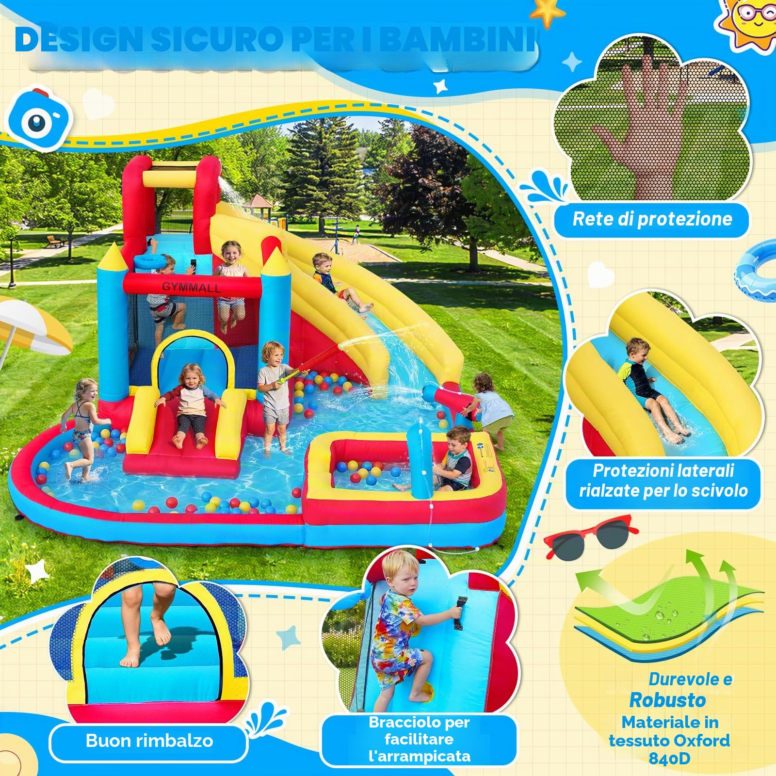 Castello Gonfiabile per Bambini, 8-in-1 con Ventilatore 480W, Scivolo Lungo, Parete da Arrampicata, Trampolino e Piscina, adatto per divertimento interno ed esterno in vacanza