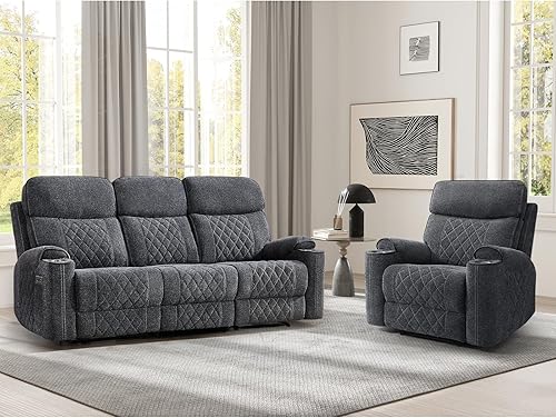 Miniatura 11 de EBELLO Juego de sofá reclinable eléctrico, sillón reclinable eléctrico de tela y sofá de 3 plazas con portavasos, puertos de carga USB Tipo-C y Gris