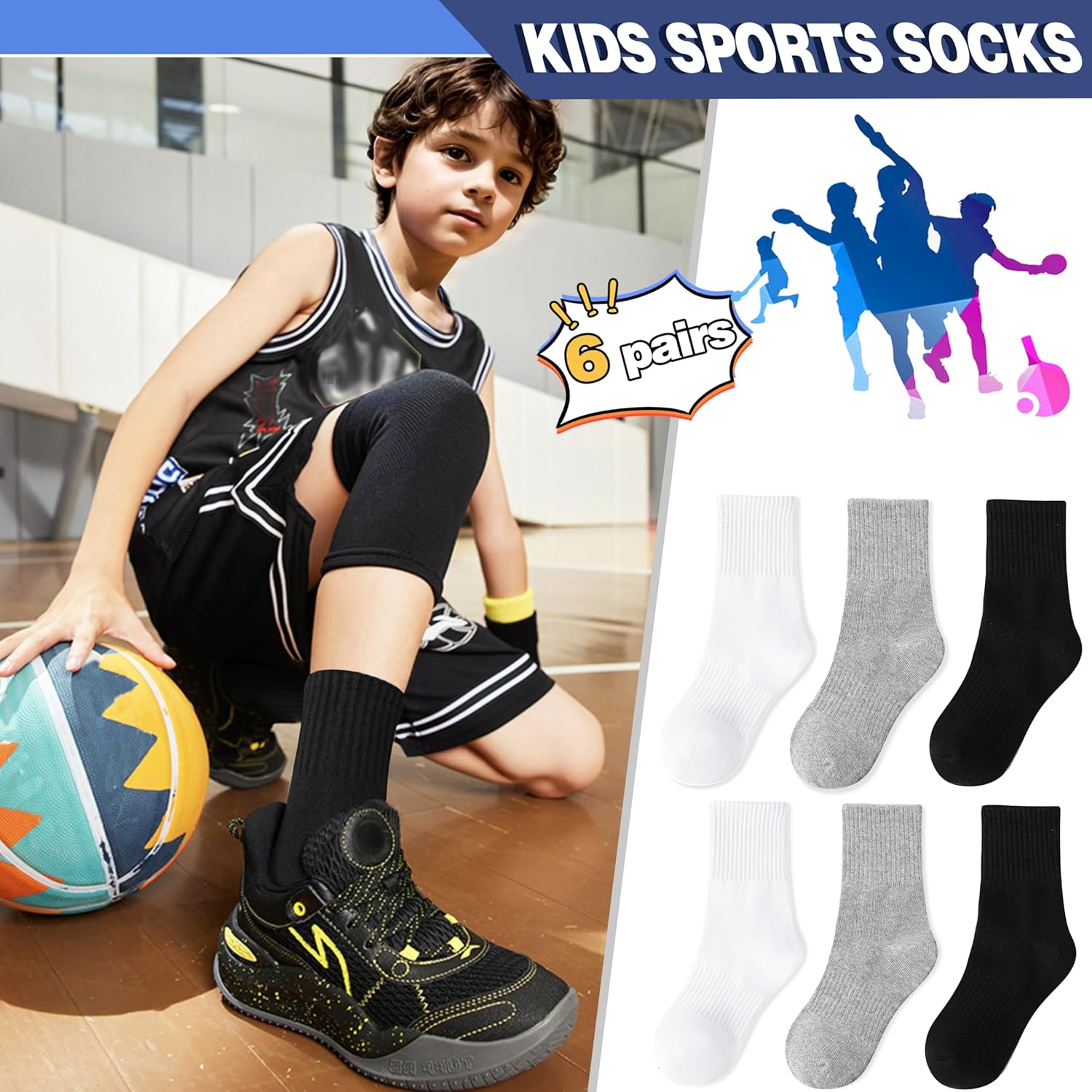 MOGGEI Boys Kids Girls Athletic Socks Basketball Sport Youth Crew Cotton Breathable Outdoor Socks 6 Pairs - Image 2