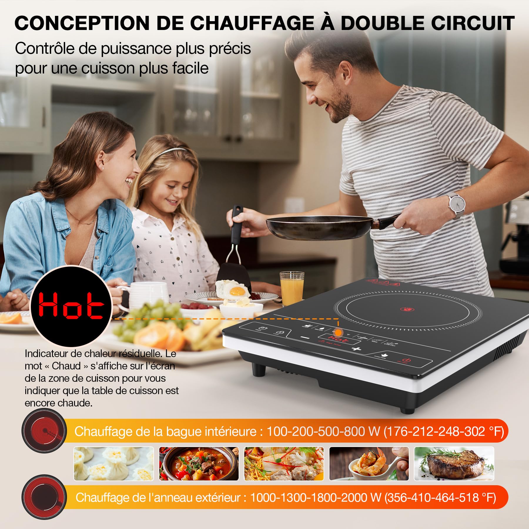VBGK Plaque Vitrocéramique 1 Feu, Table de cuisson Electrique 2000W, Plaque de Cuisson avec Commande Tactile LED, 8 Niveaux de Puissance, Verrouillage Enfant