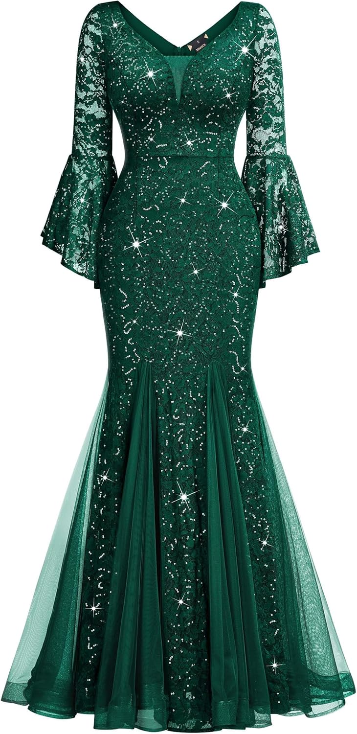 Miusol Women's Deep V Neck Sequin Lace Mesh Tulle Hem Formal Evening Maxi Dress - Image 4