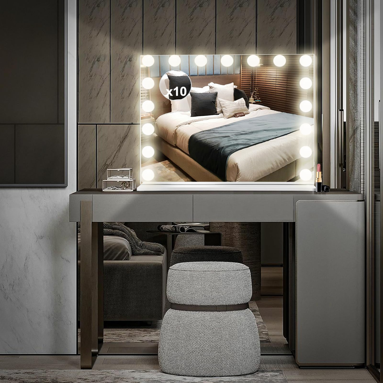 Schminkspiegel 70x55cm, Groß Hollywood Spiegel mit Beleuchtung 17 LED Licht Dimmbare 3 Lichtmodi, Tischspiegel, Wandspiegel, Touch Control