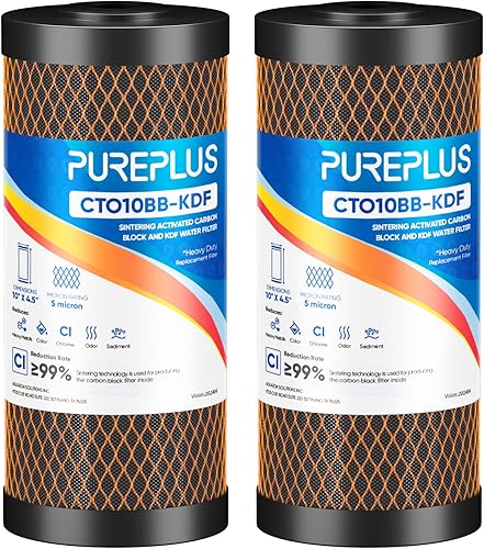 PUREPLUS Filtro de agua KDF y carbón activado con cáscara de coco de 5 micrones de 10 x 4.5 pulgadas, filtro de agua de repuesto para eliminación de