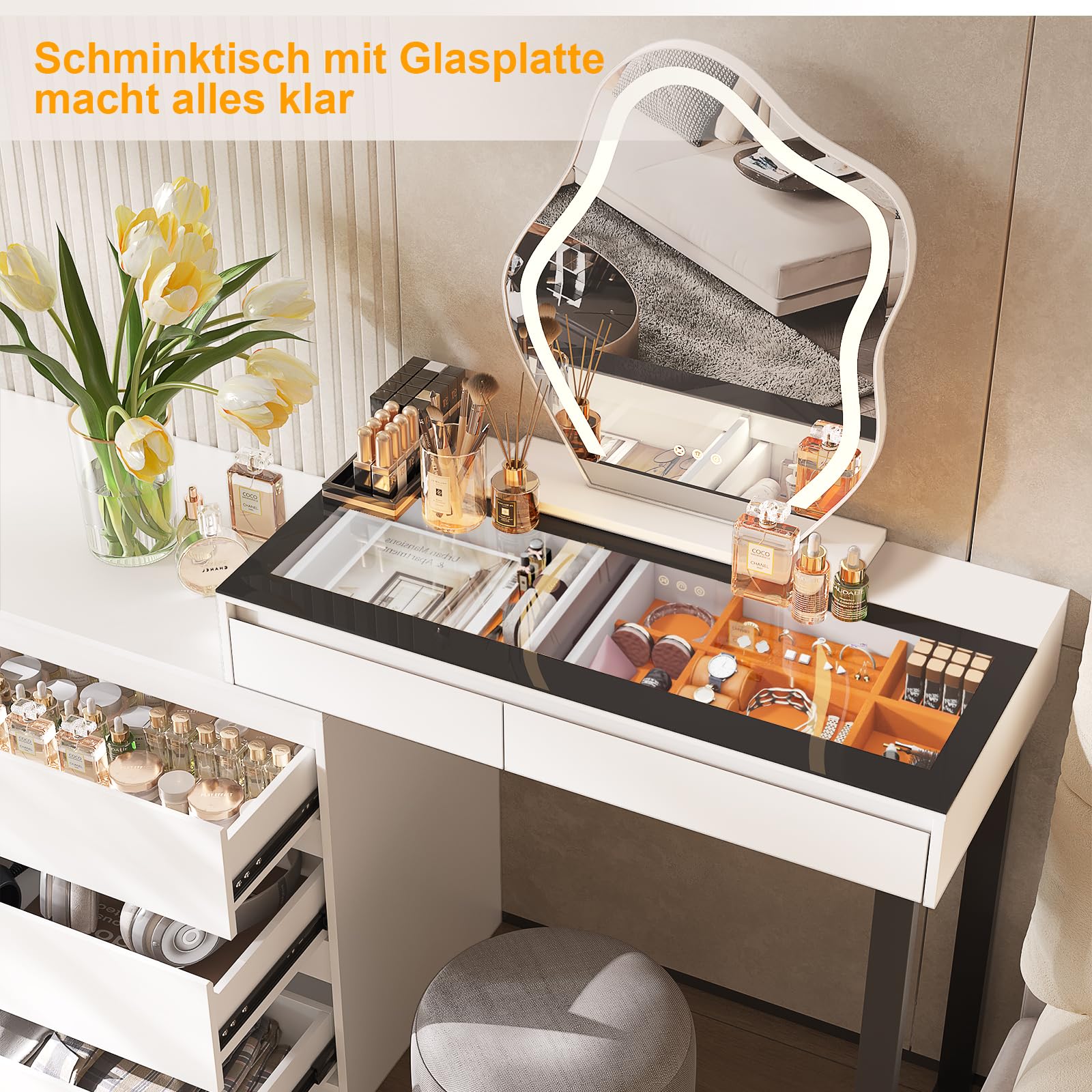 BROTTAR Schminktisch mit Verstellbaren LED-Beleuchtung, Dressing Table mit Spiegel, Vanity Desk mit 5 Schubladen, Ecke Vanity, L-Form ändern, Eckschminktisch mit Glasplatte, Weiß