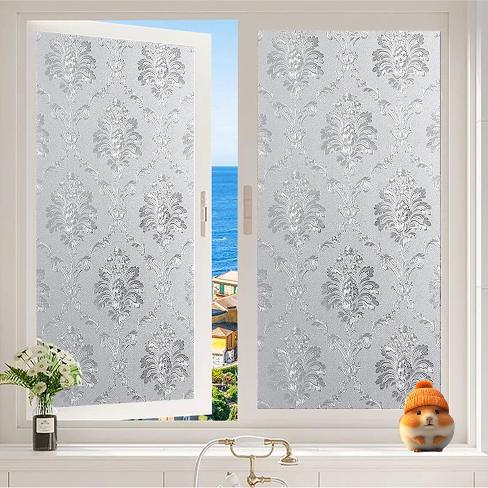 Frosted Glass Film for Windows 60 x 900 cm, Non-Adhesive Heat Control, UV Blocking Protection, Matt Stripe, Privacy Film Window Frosting Film with Toolkit for Office, Damascus