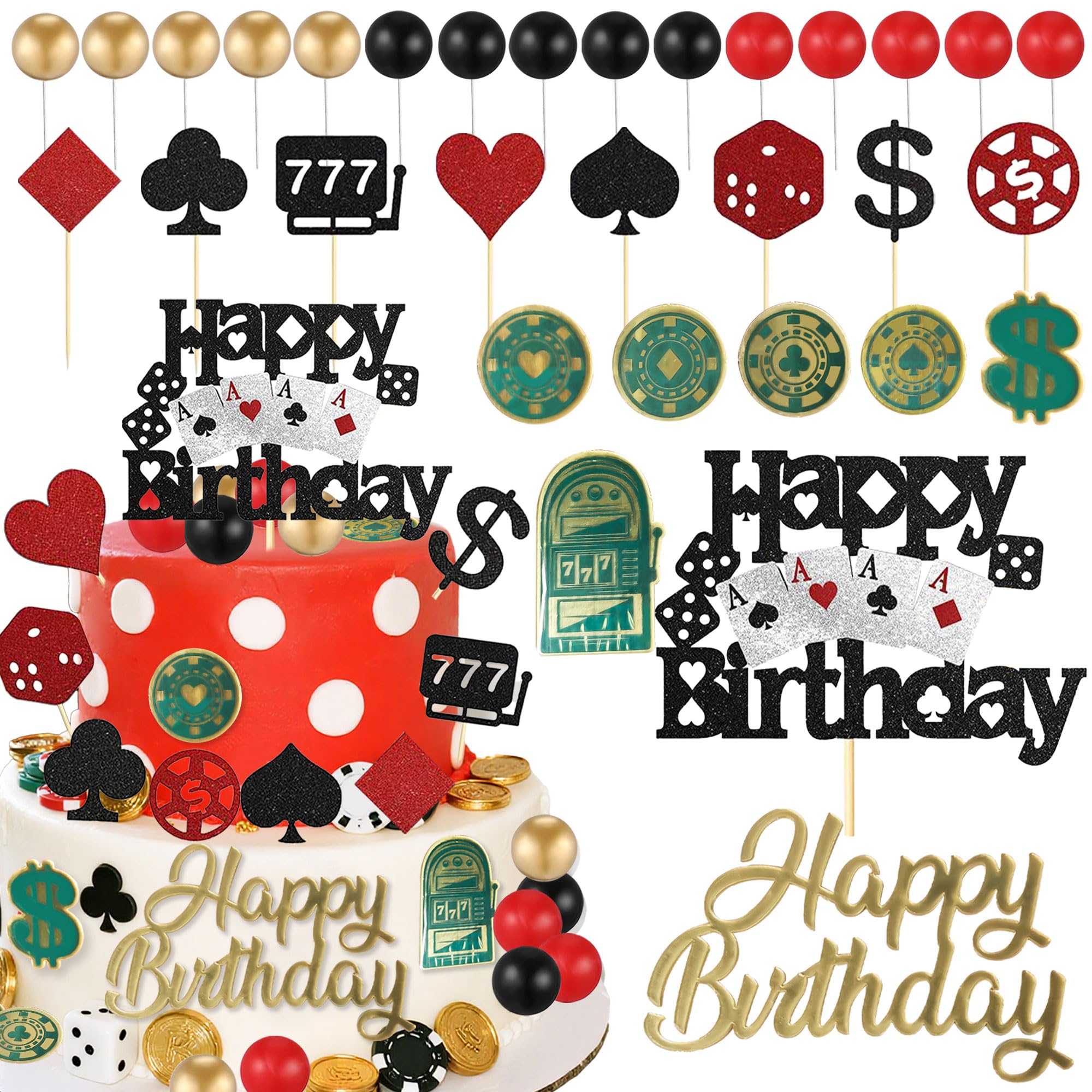 LaVenty Casino Cake Decorations Poker Cake Cupcake Topper Casino Happy Birthday Topper Poker Chips Dices for Las Vegas Scene Theme