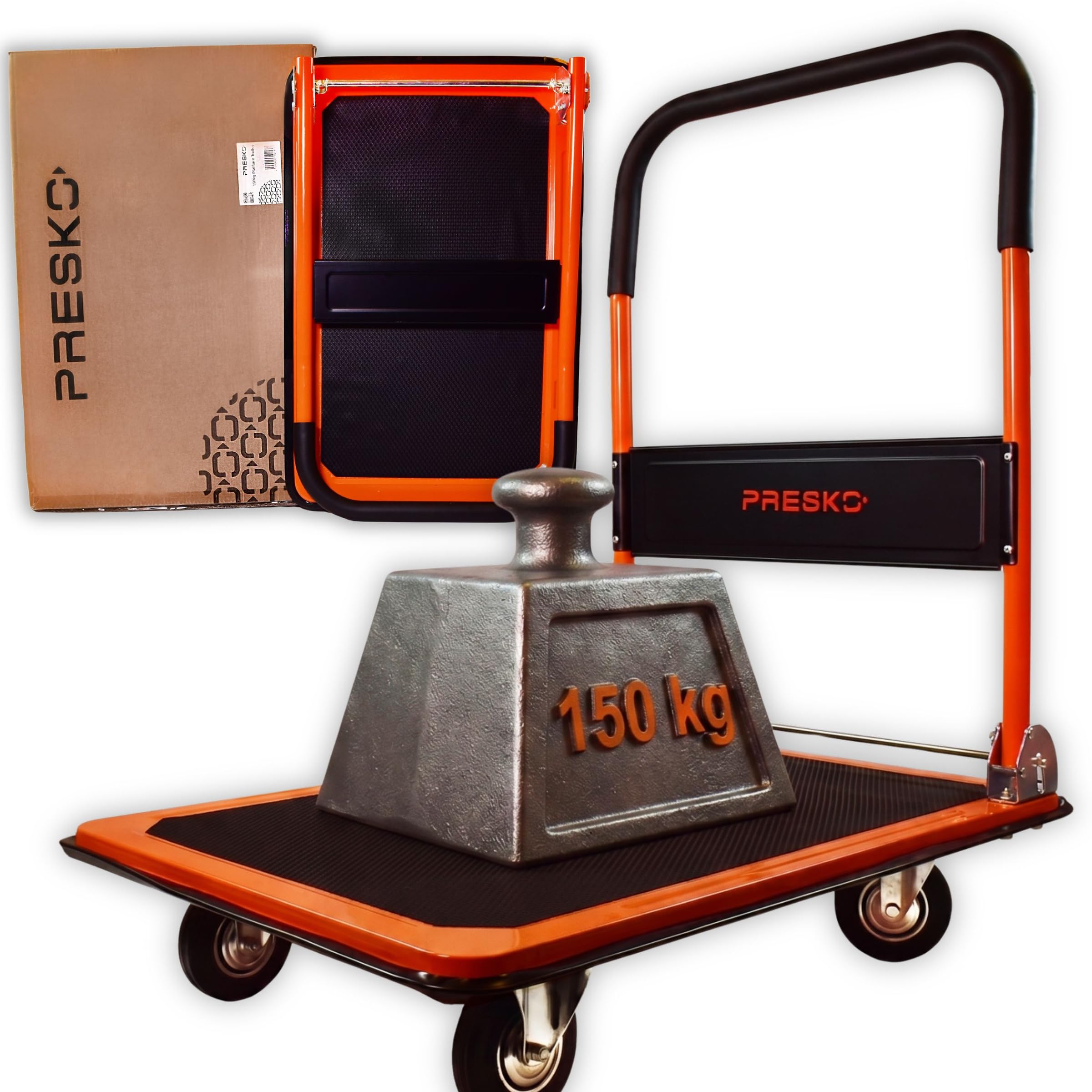 Plattformwagen klappbar bis 150 kg, Transportwagen für Lager, Werkstatt & Büro, Magazinwagen mit Rutschfester Oberfläche, gummierten Rädern & Stahlfelgen, 73 x 48 x 86 cm, Orange/Schwarz