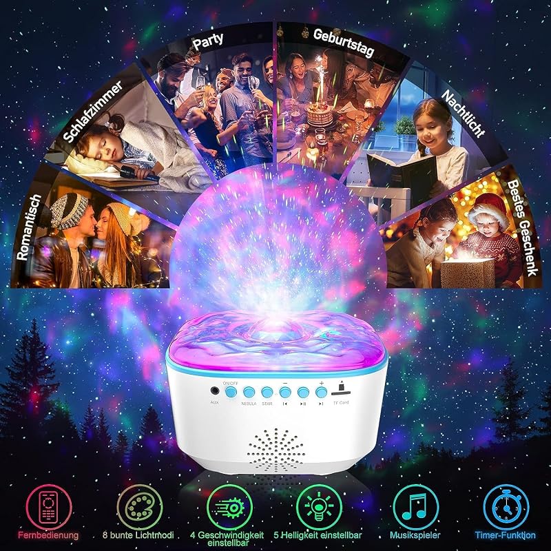 Bozhihong Galaxis Projektor LED Csillagos Égbolt Éjszakai Fény Távirányítóval, Időzítővel és Zenével - 8 Világítási Mód Gyerekeknek