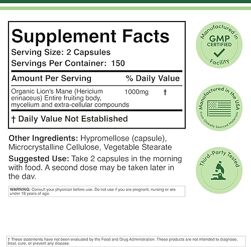 Miniatura 2 de Double Wood Cápsulas orgánicas de hongos melena de león (300 unidades), para apoyo al enfoque y salud inmunológica, probadas y cultivadas por