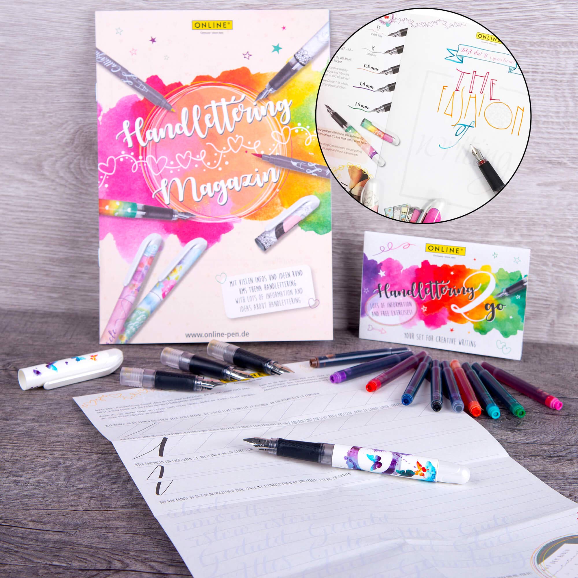 Online Handlettering 2 Go Schönschreib-Set Sketchy, inkl. 1,4 mm Kalligraphie Füller, drei Federstärken, 10x bunte Kombi-Patronen, inkl. Booklet mit Übungen