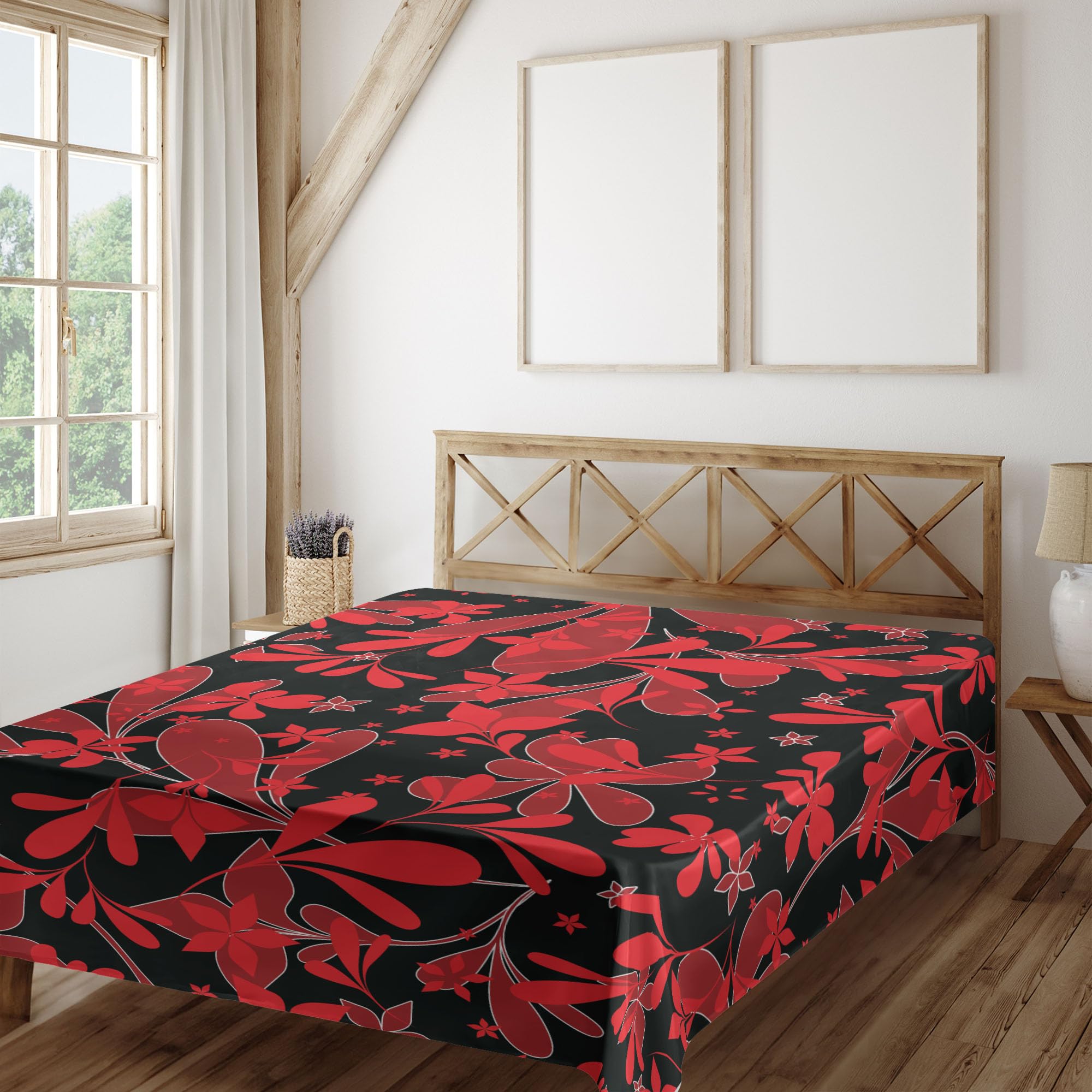 Ambesonne Red and Black Flat Sheet, Design Oceanic Island Flowers Petals Leaves Nature Art Print, Soft Comfortable Top Sheet Decorative Bedding 1 Piece, King Size, Ruby Black White