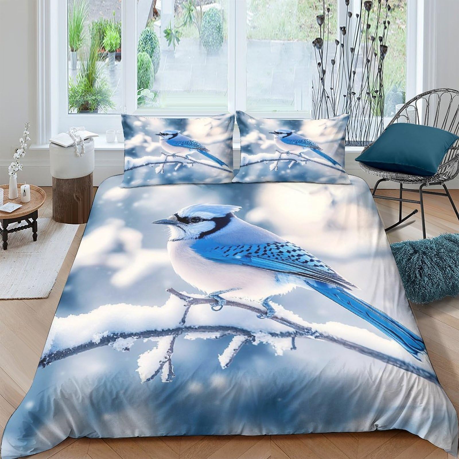 Ctjqhvkz Style-4 3D Printed Blue Jay Bird Fitted Sheet Microfiber Soft Sky Branch Bed Cover For Bedroom Guest Room Decor Single（135X200cm）