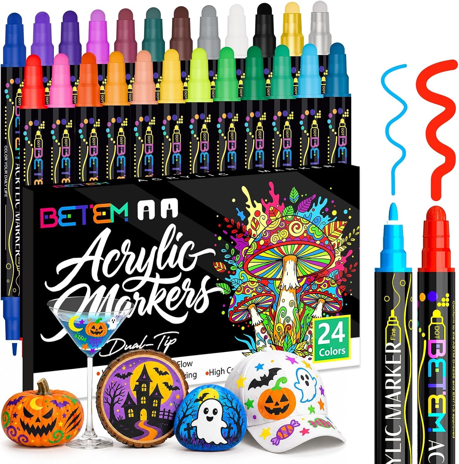Betem 24 Colors Dual Tip Acrylic Paint Markers, Fabric Decorating Kits