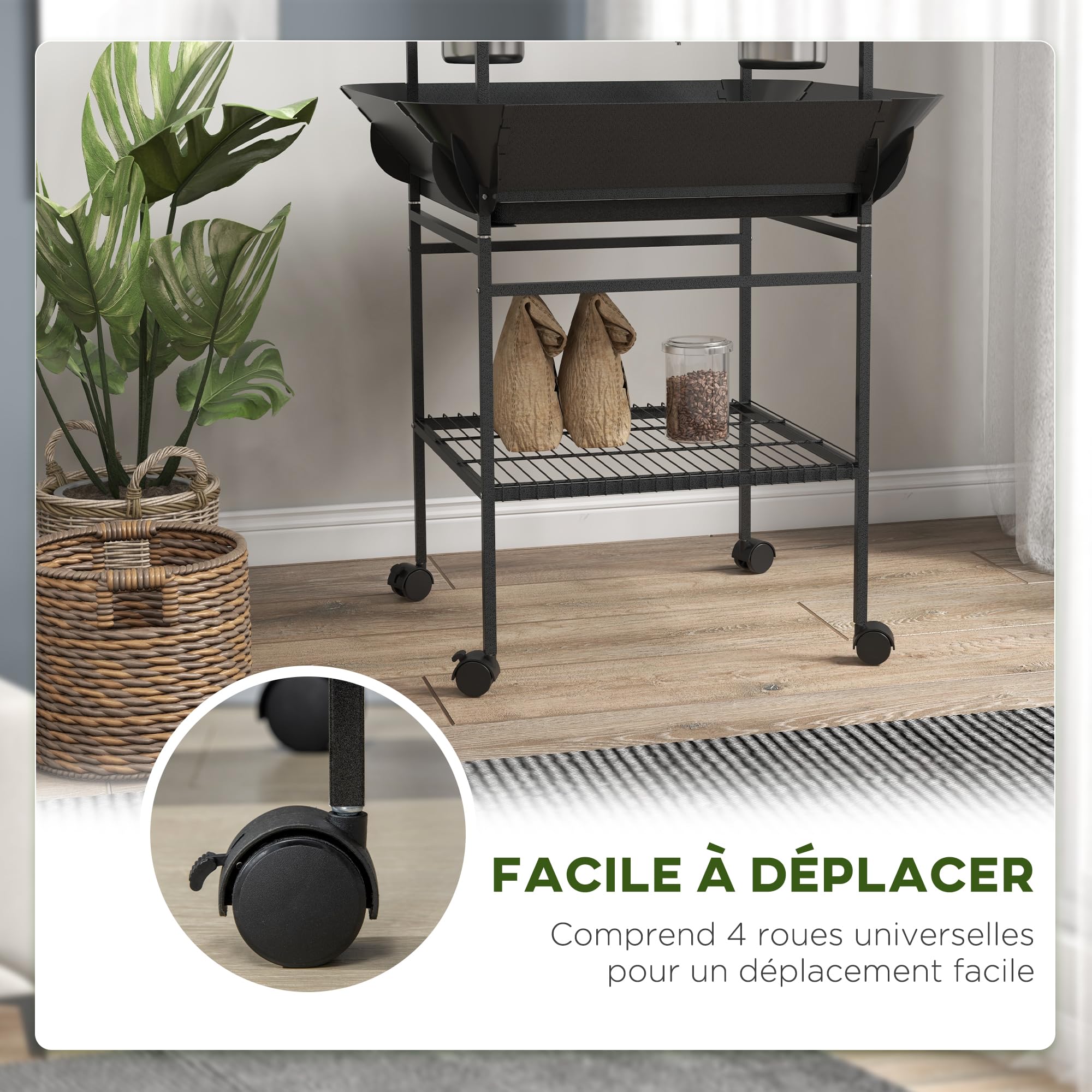 PawHut Aire de Jeu pour Oiseaux avec Perchoirs en Bois, Échelle, Mangeoires INOX, Bac Coulissant, 62,5 x 62,5 x 155 cm, Gris foncé