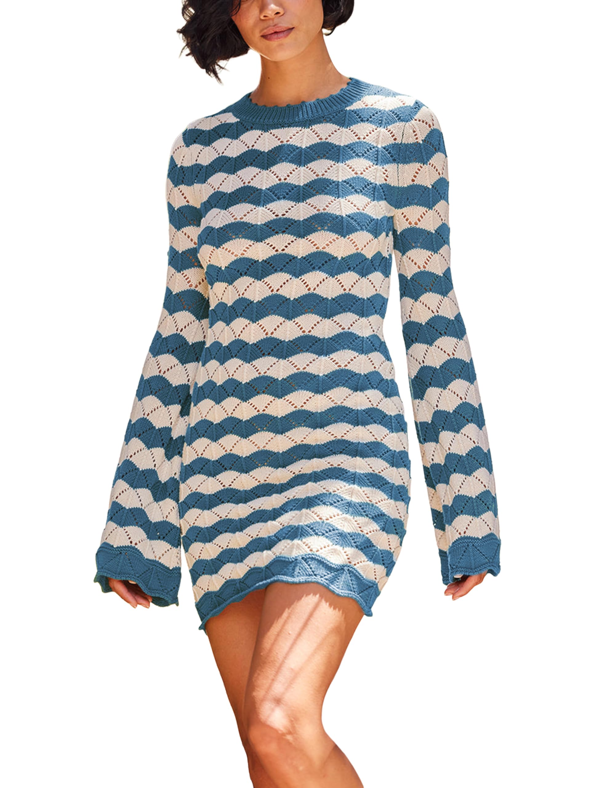 UaneoStriped Summer Dresses for Women 2024 Long Sleeve Crochet Knit Coverup Mini Dress
