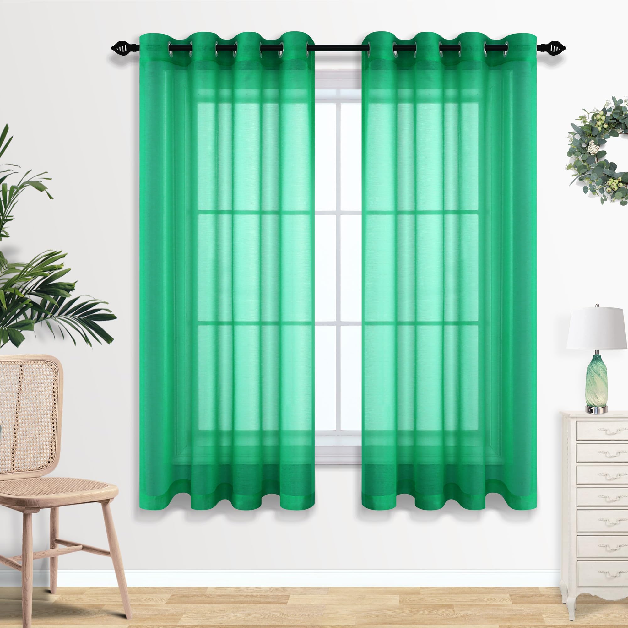 Mrs.Naturall Green Sheer Curtains 63 Inch Length for Bedroom Grommet 2 Panel Set Window Voile Drapes for Living Room Home Office Nursery Infant Room