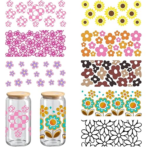 UV DTF Cup Wraps, 8 Sheets UV DTF Cup Wraps for 16 oz, Glass Cup Decals, Wood Craft Supplies (Flower)
