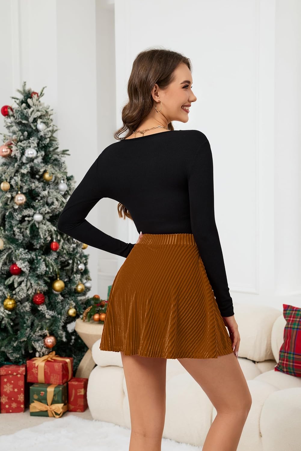 Women's Velvet Mini Skirts High Waisted Pleated Skirt with Shorts Christmas Stretchy Elastic Waistband Skort - Image 7