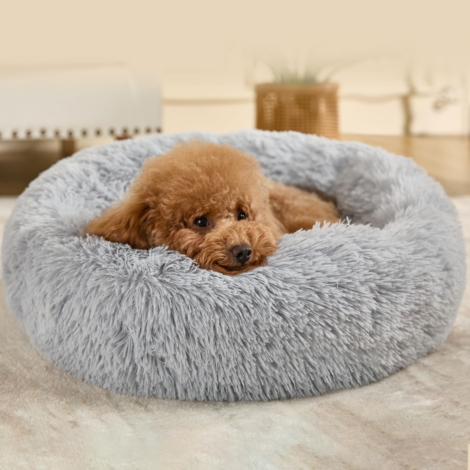 Dog Bed Calming Beds for Small Medium Dogs - Round Donut Washable Dog Bed, Anti-Slip Faux Fur Fluffy Donut Cuddler Anxiety Cat Bed(Light Grey 24")