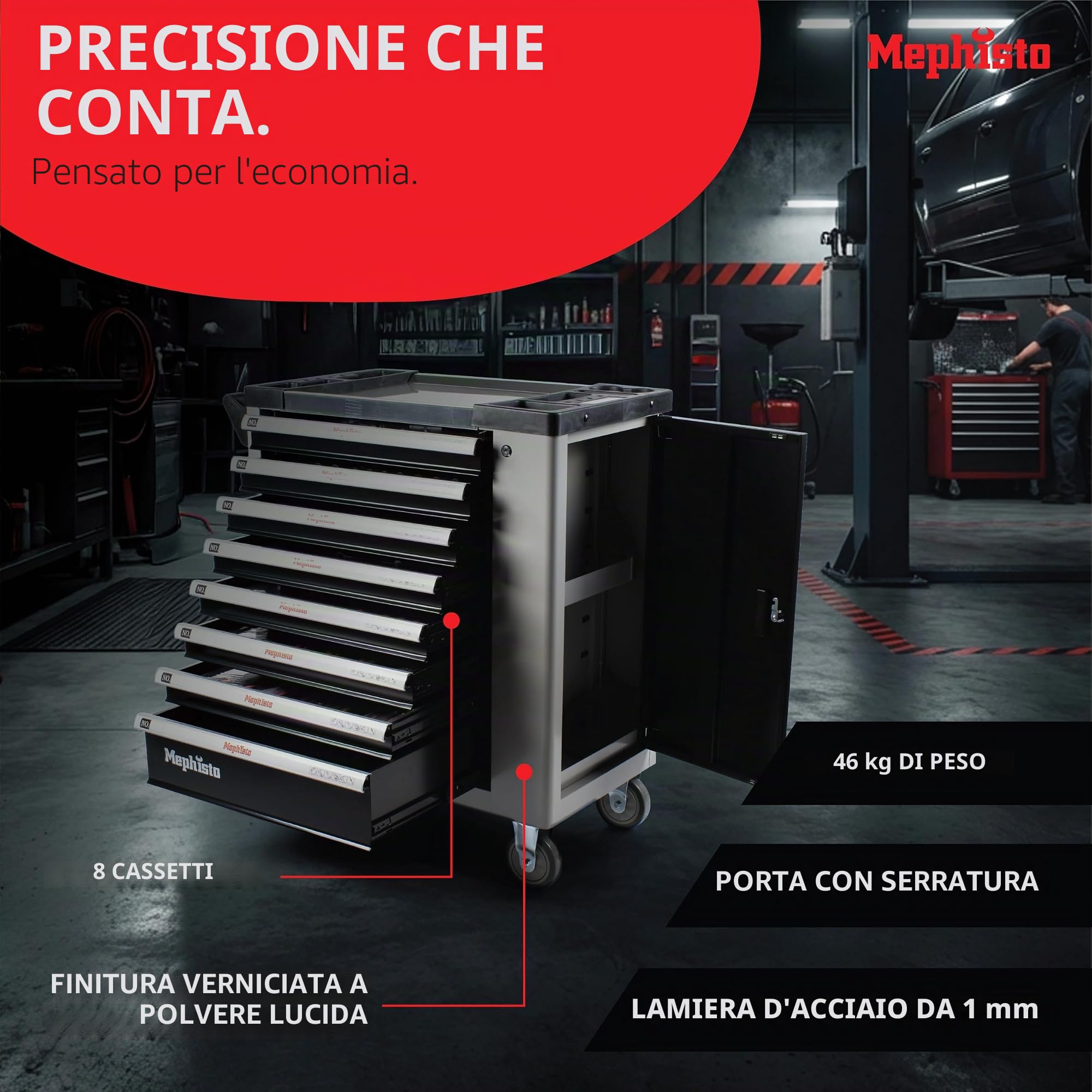 Mephisto Carrello portautensili premium con 8 cassetti, senza attrezzi | Carrello da officina vuoto con ripiano in acciaio inox