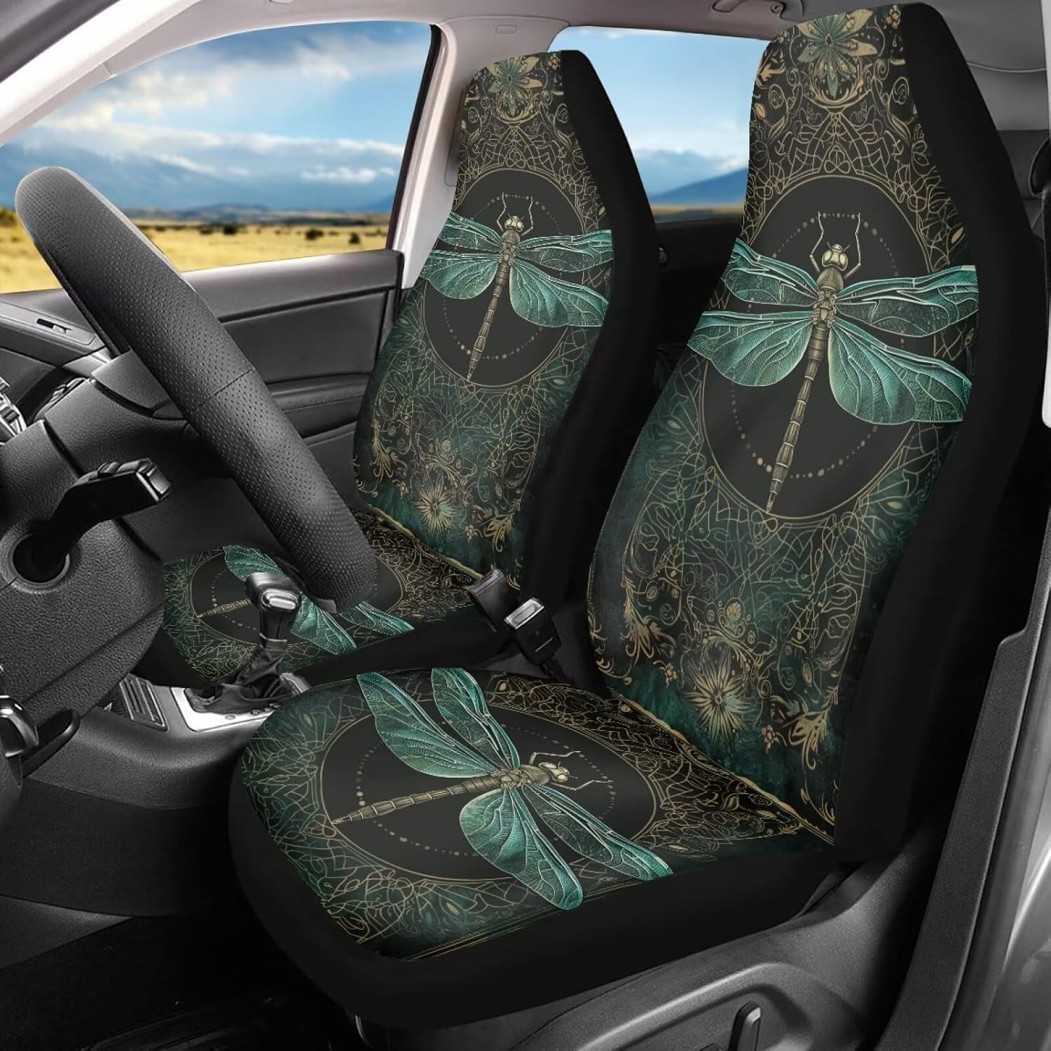 Dragonfly Print Car Seat Covers for Women Men, 2 Piece Boho Flowers Print Bucket Seat Protector Auto Intrior Accessories All Weather Protector Universal Fit SUV Sedan Truck