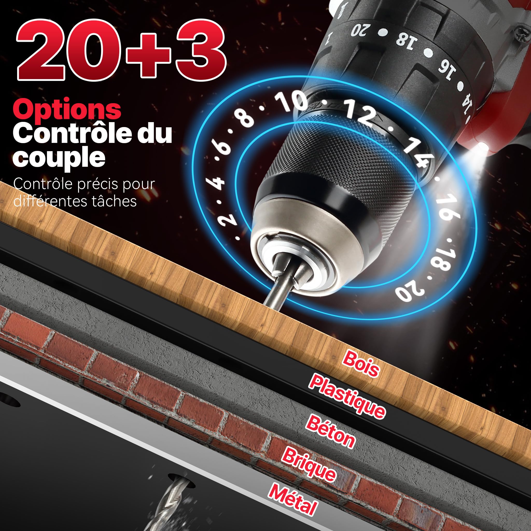 TEENO perceuse visseuse sans fil rechargeable, réglage couple 25+3 vitesses | Livré avec 2 batteries 2,0Ah, perceuse 45Nm avant-arrière, 69 accessoires + coffret, lampe LED, adapté au bricolage maison