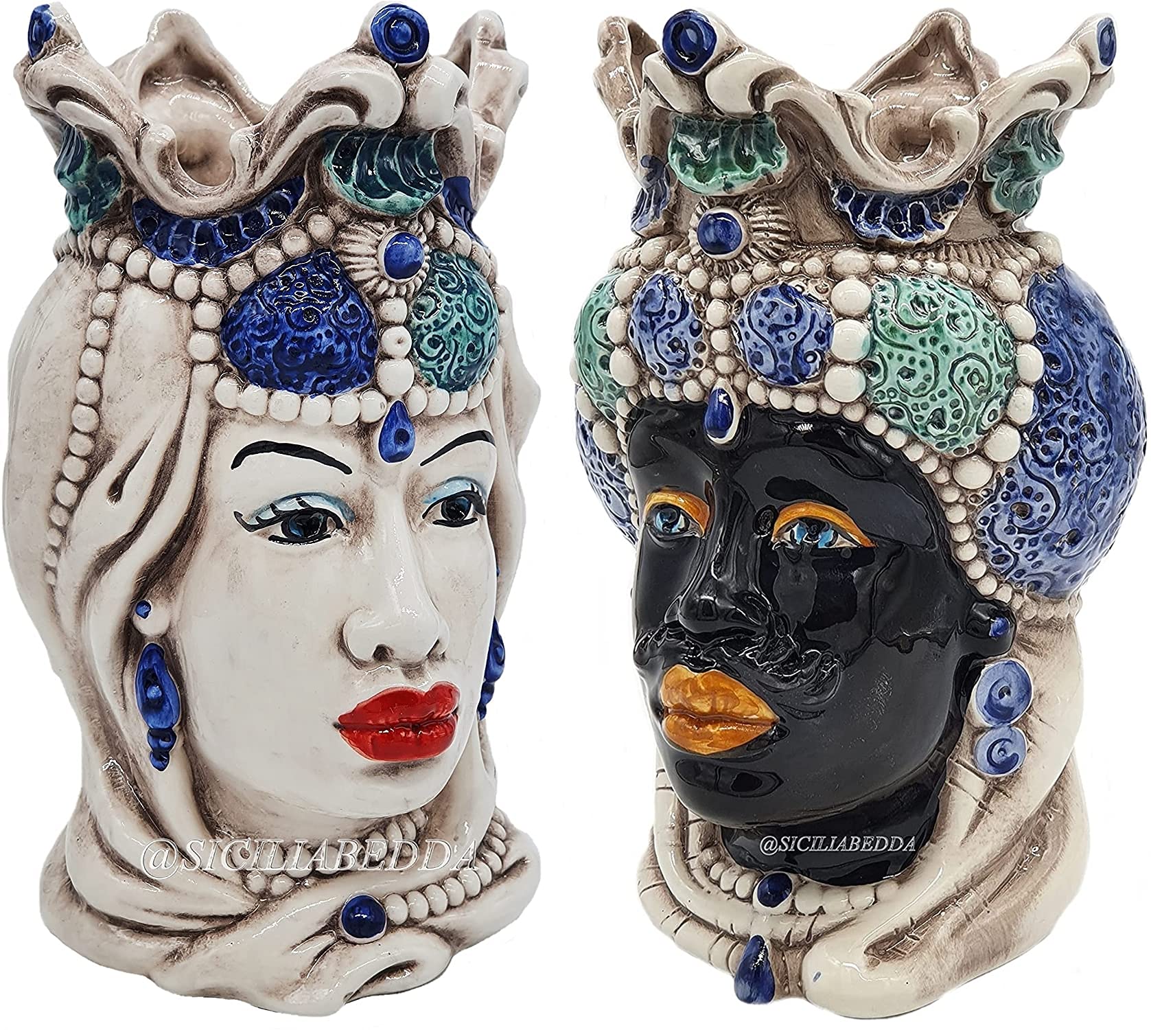 sicilia bedda - Teste di Moro Siciliane in Ceramica di Caltagirone - Realizzato Interamente a Mano - Altezza 18 Centimetri (Coppia Teste di Moro Saraceno Blu)