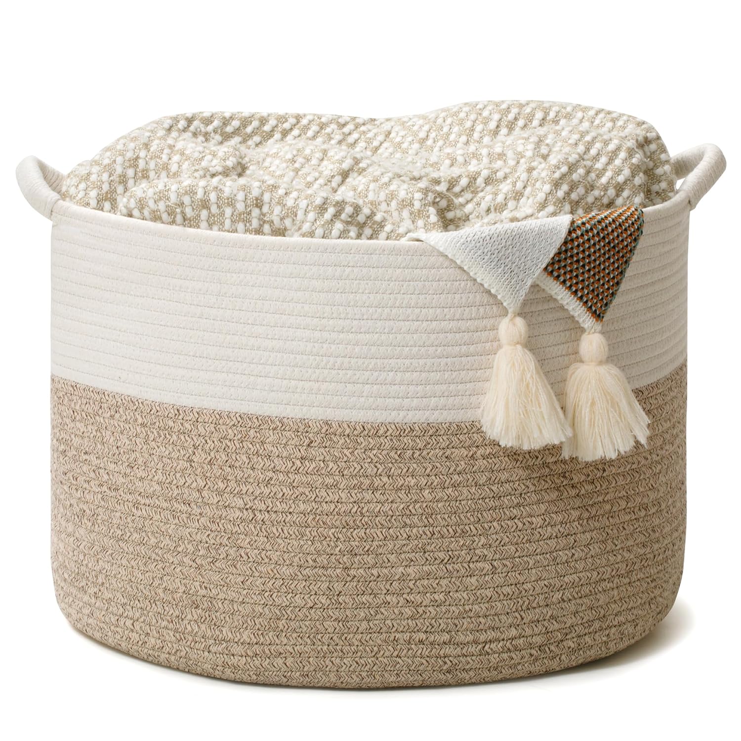 Large Woven Cotton Rope Storage Basket with Handles - Modern Round Laundry Hamper & Blanket Organizer for Nursery, Bedroom, Baby Toys, Pillows, Home Décor, 20"x13"