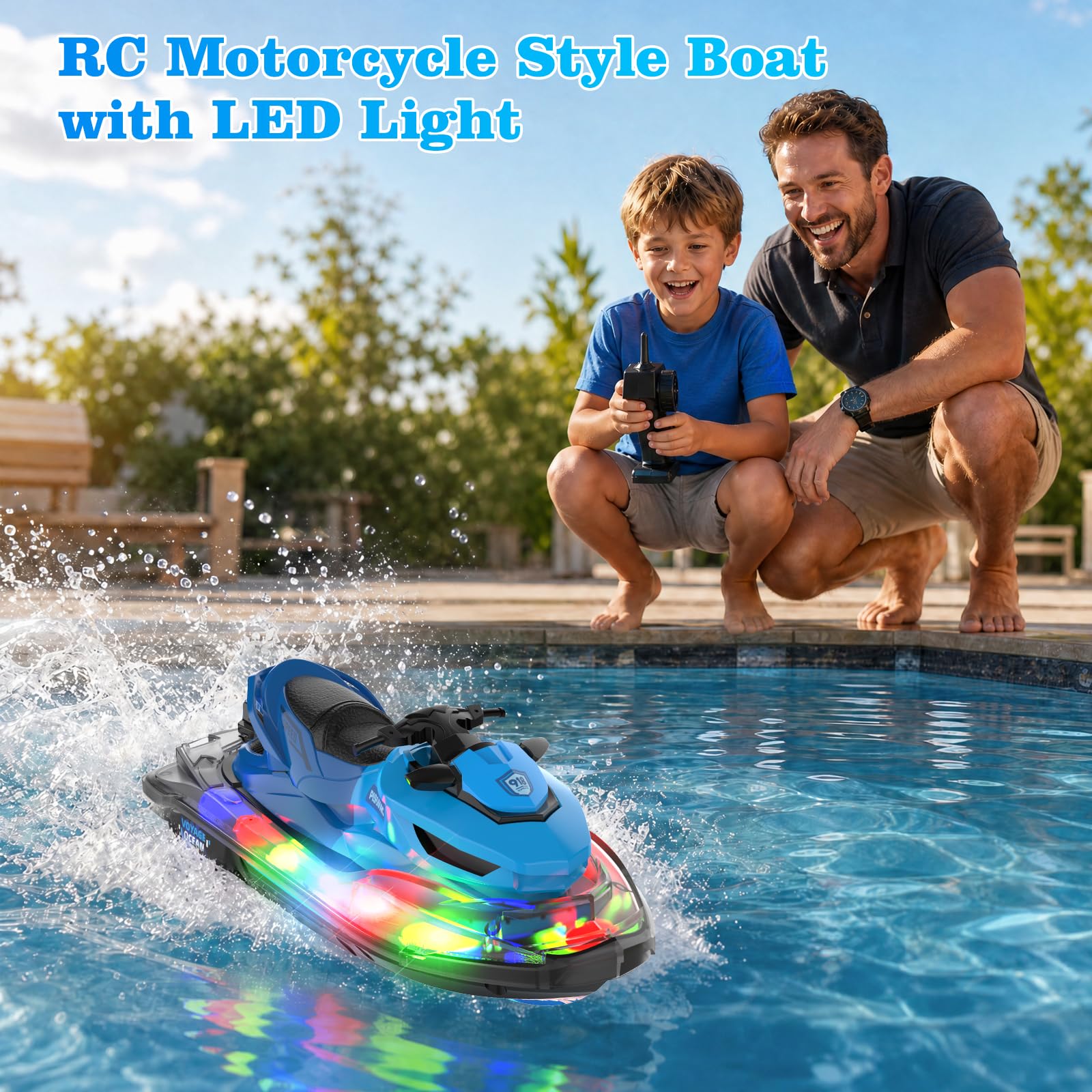 Barco RC, Barco Radiocontrolado Para Adultos Y Niños De 8 A 12 Años, Lancha Motor 2,4 GHz, Arranque Automático Y Luces LED, Aviso Batería Baja, Nave RC Totalmente Impermeable, Juguete De Verano