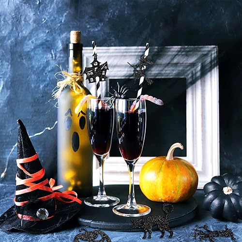 Miniatura 4 de Whaline 18 popotes de papel de Halloween, calabazas, murciélagos, brujas, fantasmas, pajitas de papel desechables a rayas blancas y negras,