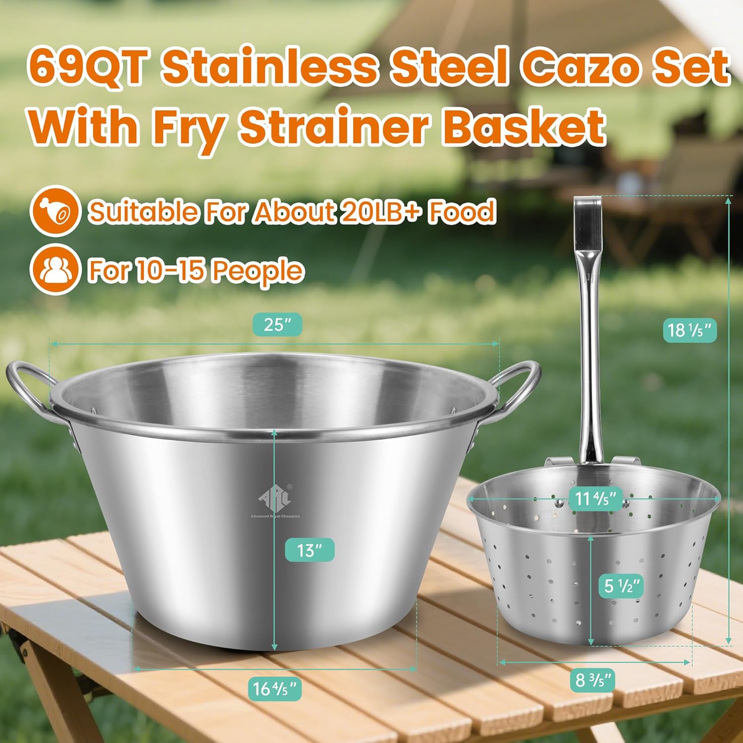 ARC 69QT Mexican Cazo Para Carnitas Set, 11.8" Fry Strainer Basket with 36" Large Spoon, 25" Heavy Duty Outdoor Wok Set, Great for Carnitas, Braising,Inoxidable Wok comal Fry (48 inch Spoon)