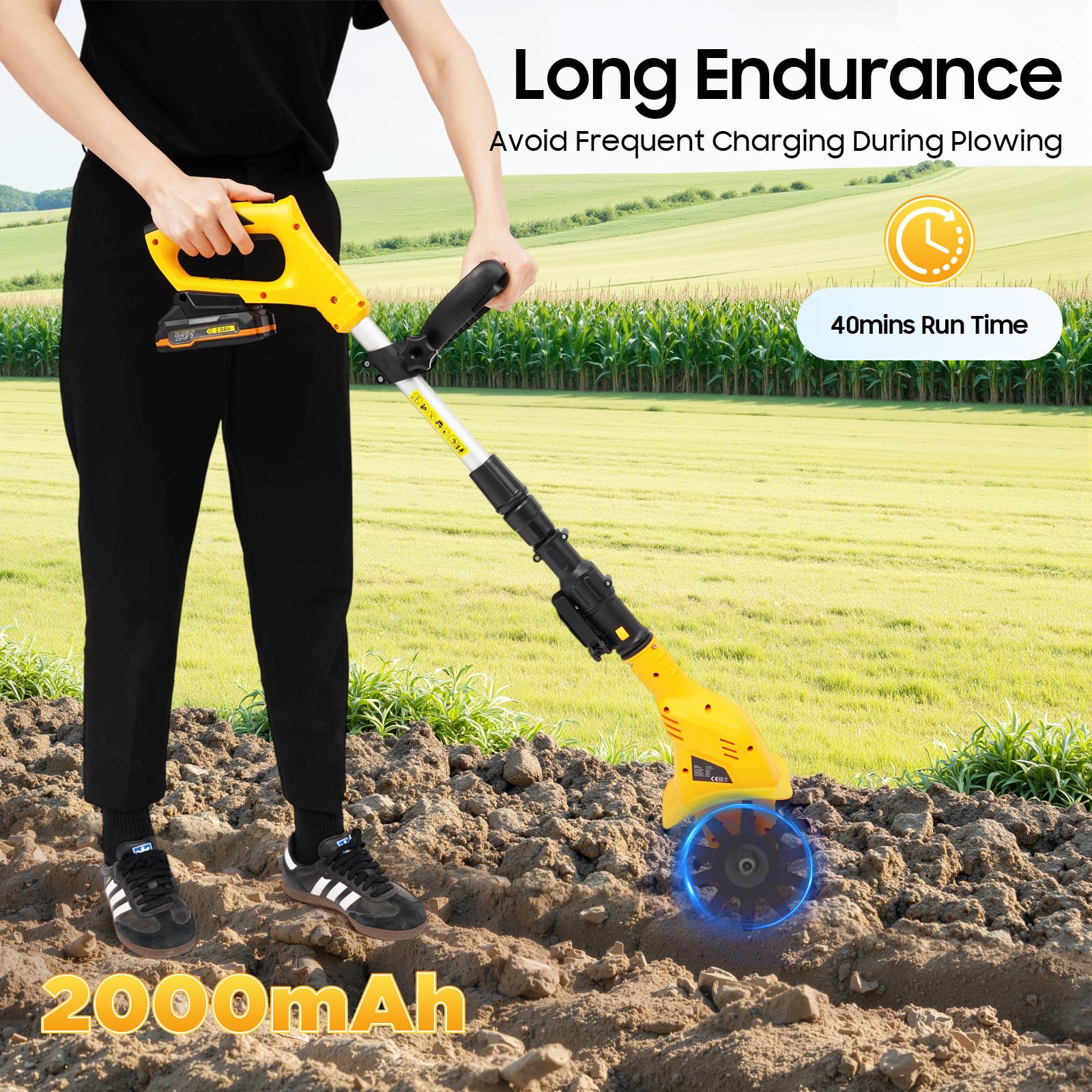 Azada de tierra con batería de 20 V y cargador, cultivador de 250 rpm, motoazada eléctrica, herramientas de jardín para cultivo de suelo, ancho de trabajo: 10 cm | profundidad de trabajo: