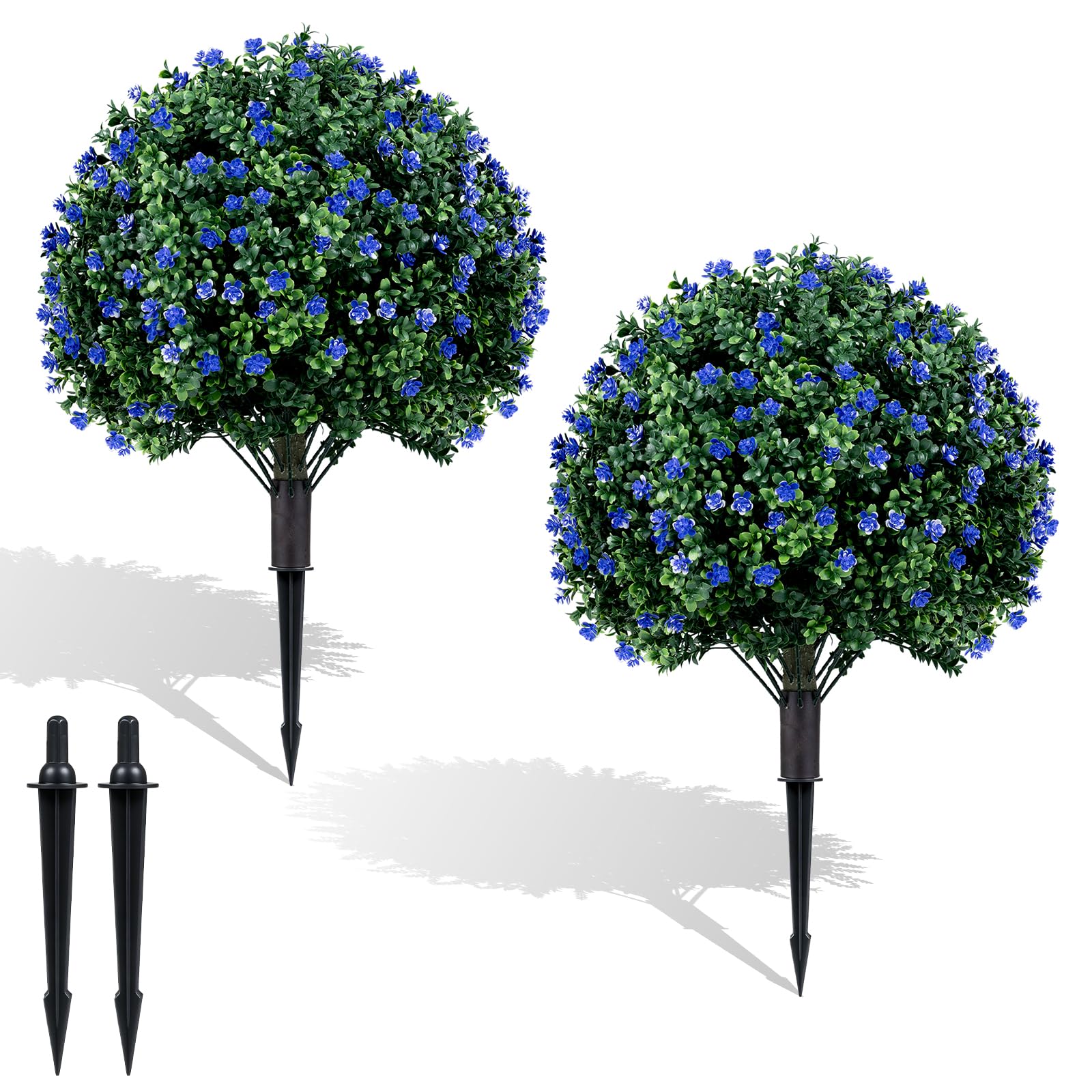 COSTWAY Set of 2 Artificial Topiary Ball Trees, Faux Shrub Bushes with Ground Spikes, Indoor Outdoor Sun-proof Fake Floral Greenery Topiary Plants for Porch, Garden, Yard (70 cm, Blue Flowers)