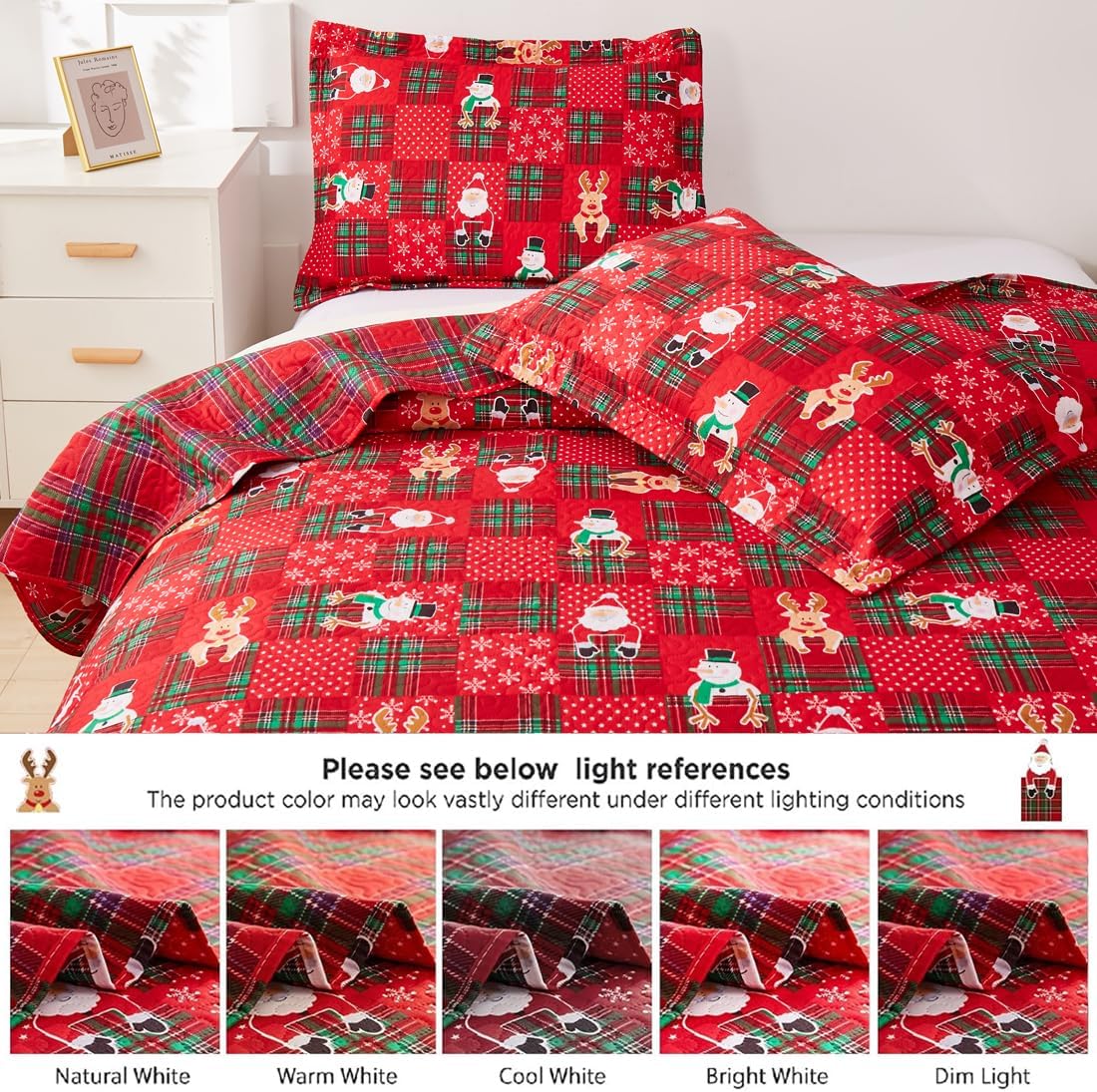 Reversible Red Green Christmas Santa Quilts King Size Xmas Reindeer Snowmen Bedspread Plaid Bedding Coverlet New Year Gift Holiday Home Decor