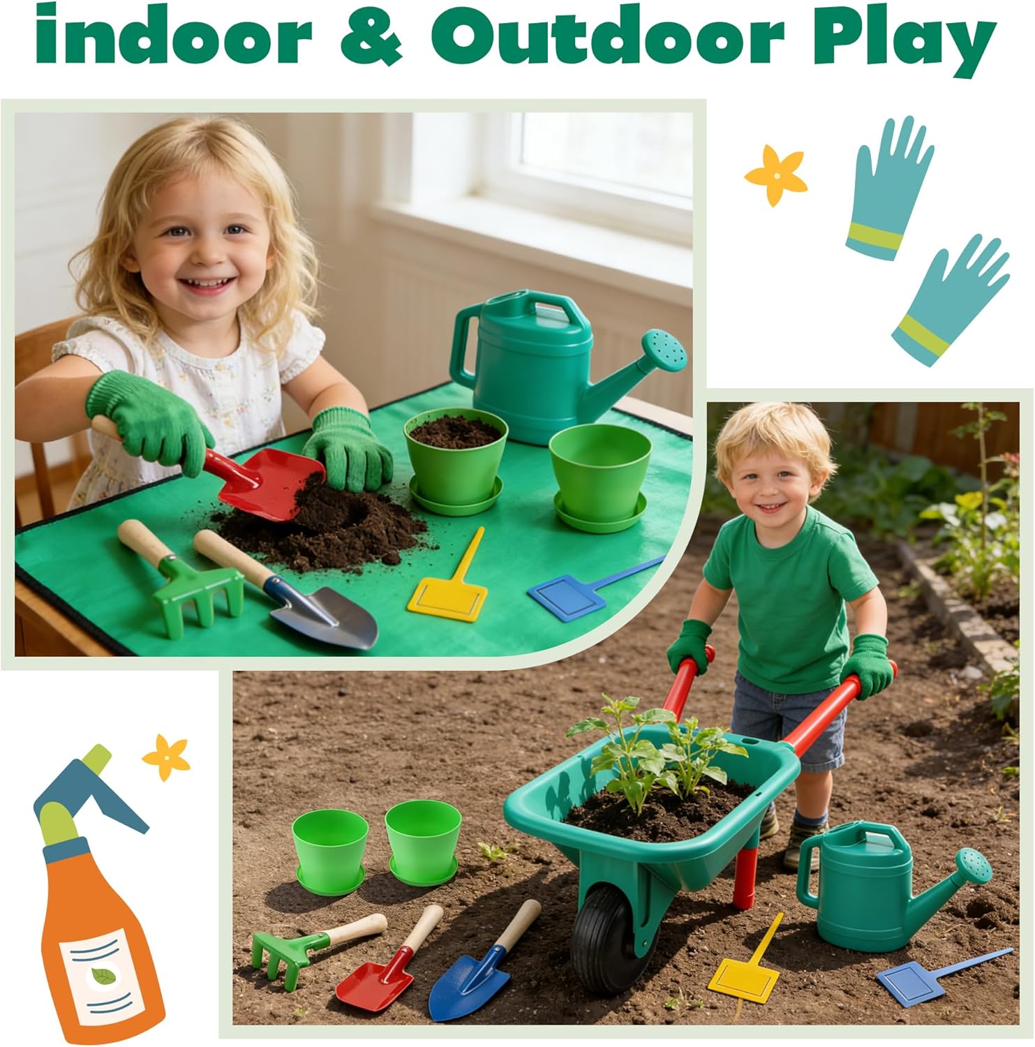 CUTE STONE Kids Gardening Set with Toy Wheelbarrow, Indoor & Outdoor Yard Play, Kids Garden Tools & Toddler Gardening Kit with Gloves, Pots & Watering Can, Educational Garden Toys for Boys & Girls