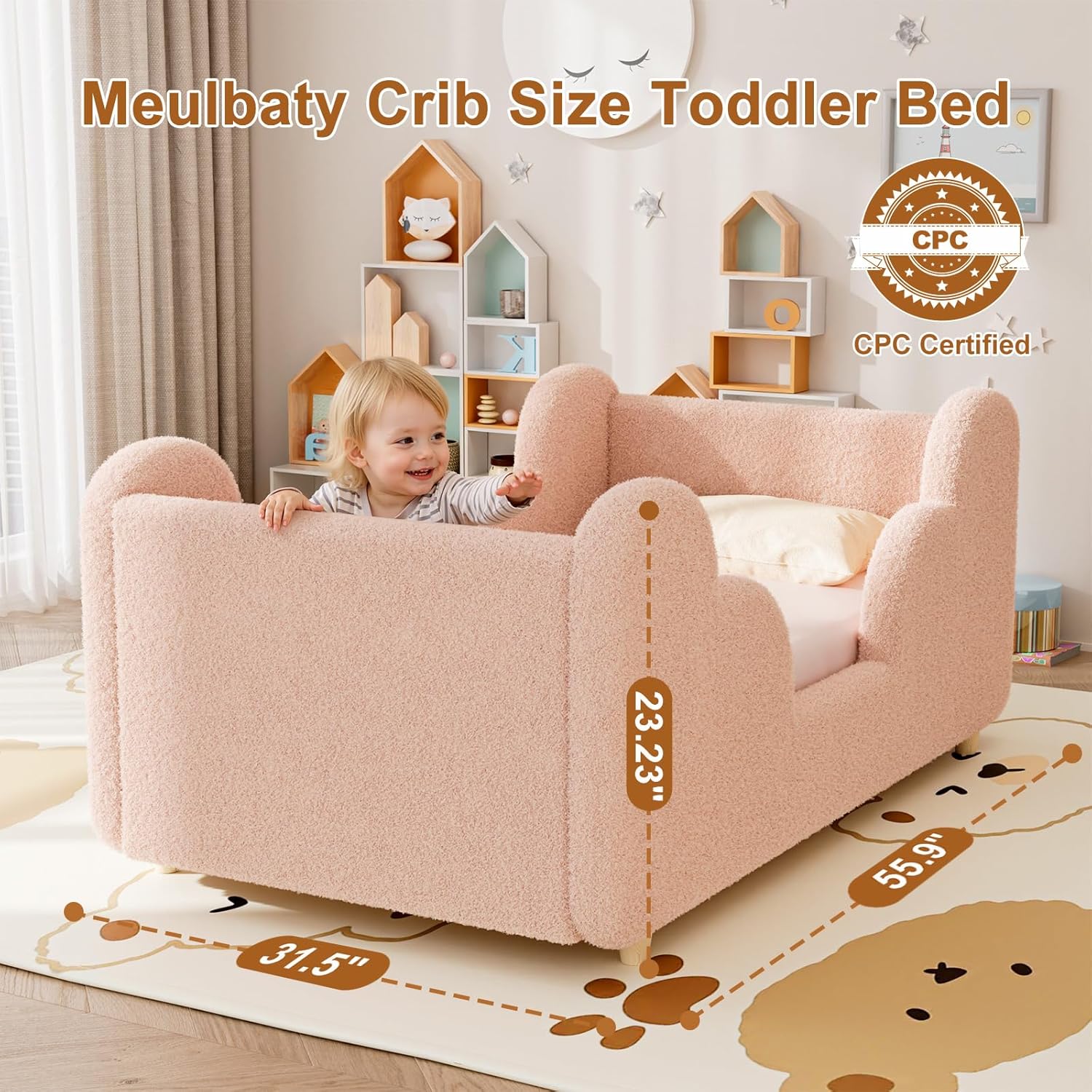 Toddler Bed, Toddler Floor Bed Upholstered, Low Profile Kids Beds with Extra Safety Guardrails, Toddler Bed Frame with Wood Slats, Standard Crib Size for for Girls Boys Children, Crib Size/Pink