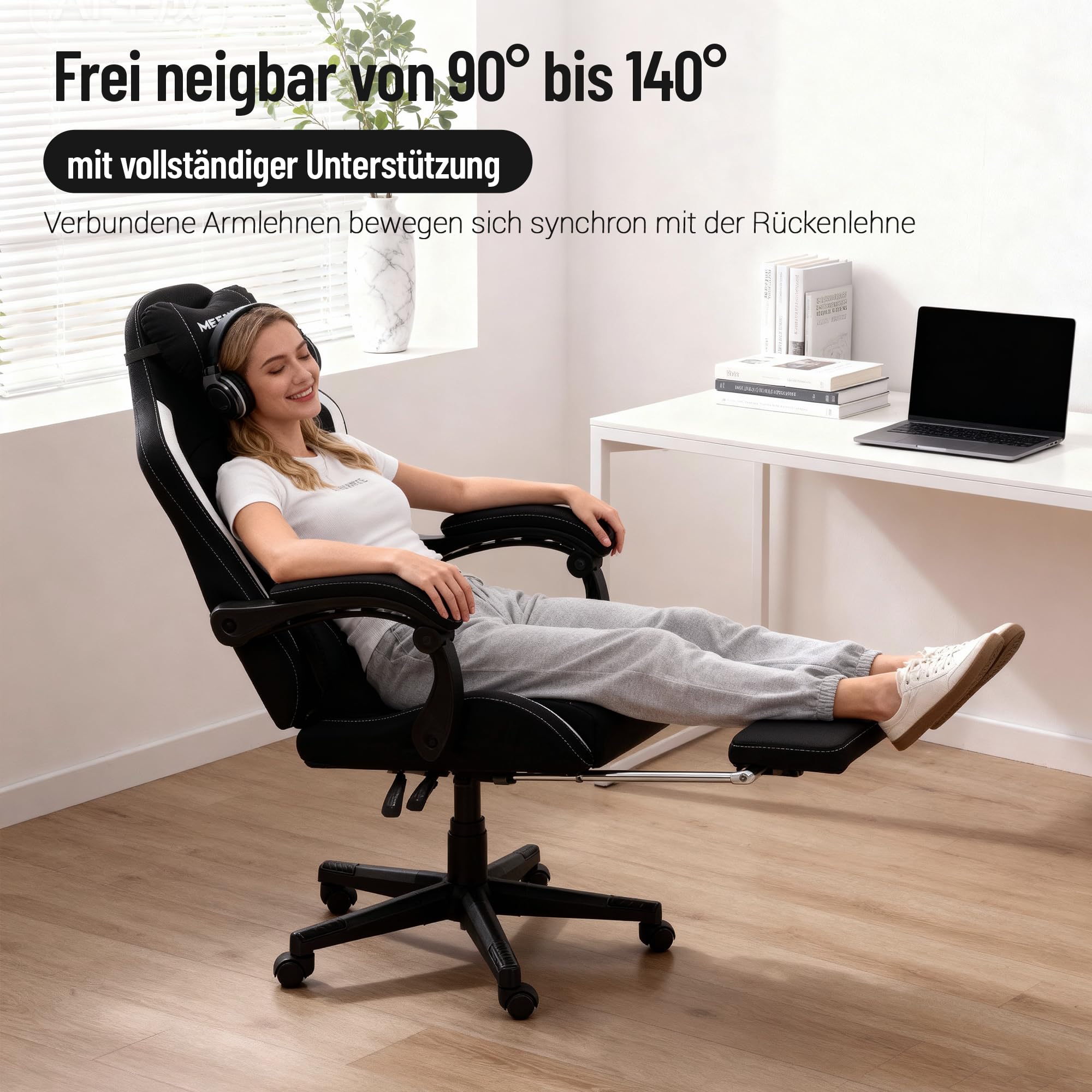 Gaming Stuhl Stoff Big and Tall mit Taschenfederkern, Ergonomischer Gaming Chiair Belastbar bis 160kg, Großer Gaming Sessel mit Fußstütze & Lendenkissen, Gamer Stuhl für Erwachsene Schwarz