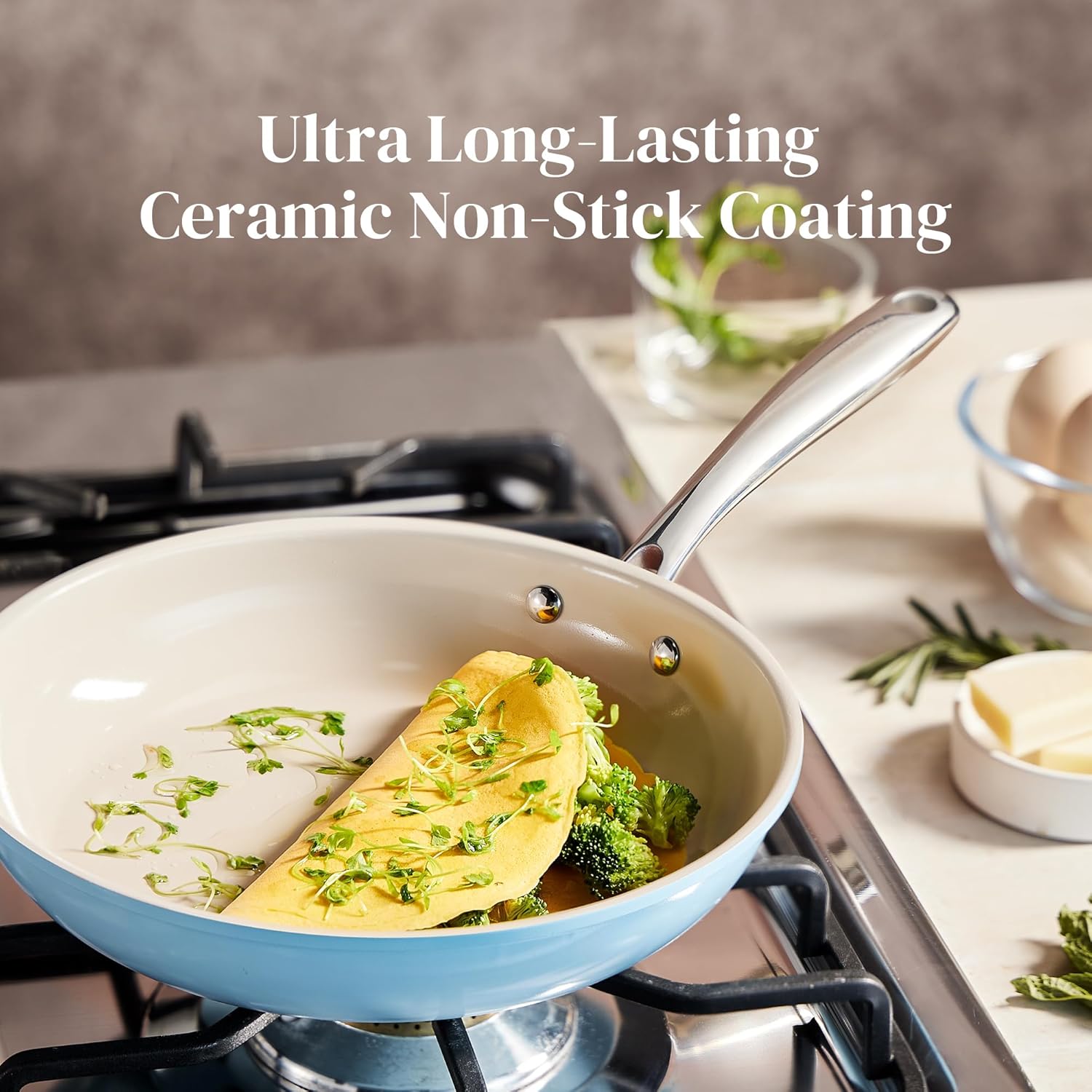 Redchef Ceramic Frying Pan Nonstick, Medium Skillet for Sautéing & Searing, Non-Toxic Cookware, Stay Cool Handle, Induction & Oven Safe Design, PTFE & PFAS & PFOA Free, Sea Salt Blue, 9.5 Inch