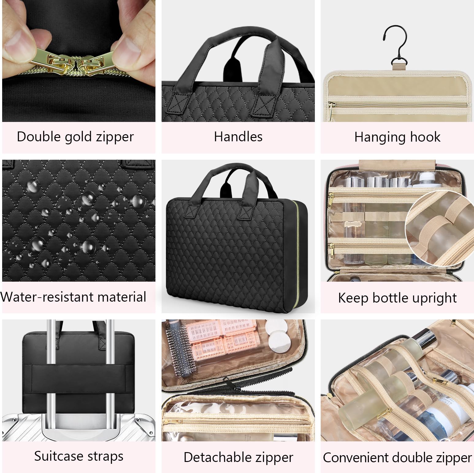 3-in-1 abnehmbare Reise-Kulturtasche zum Aufhängen, große Kapazität, 5 Fächer, Make-up-Kosmetiktasche mit Gepäckgürtel, wasserdicht, transparentes Fach, Large, Reisen