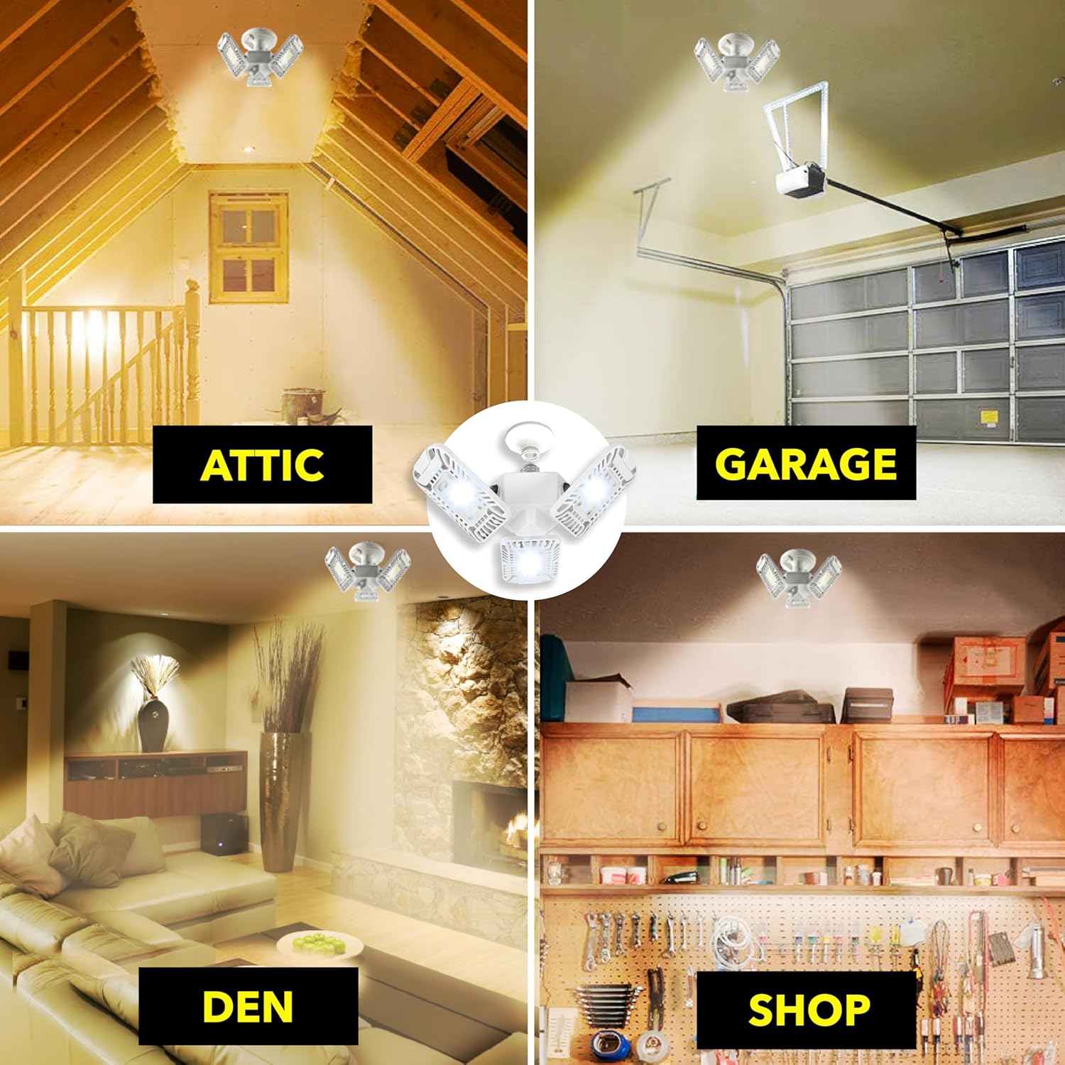 Images showing the Triburst light used in an attic, garage, den, and shop
