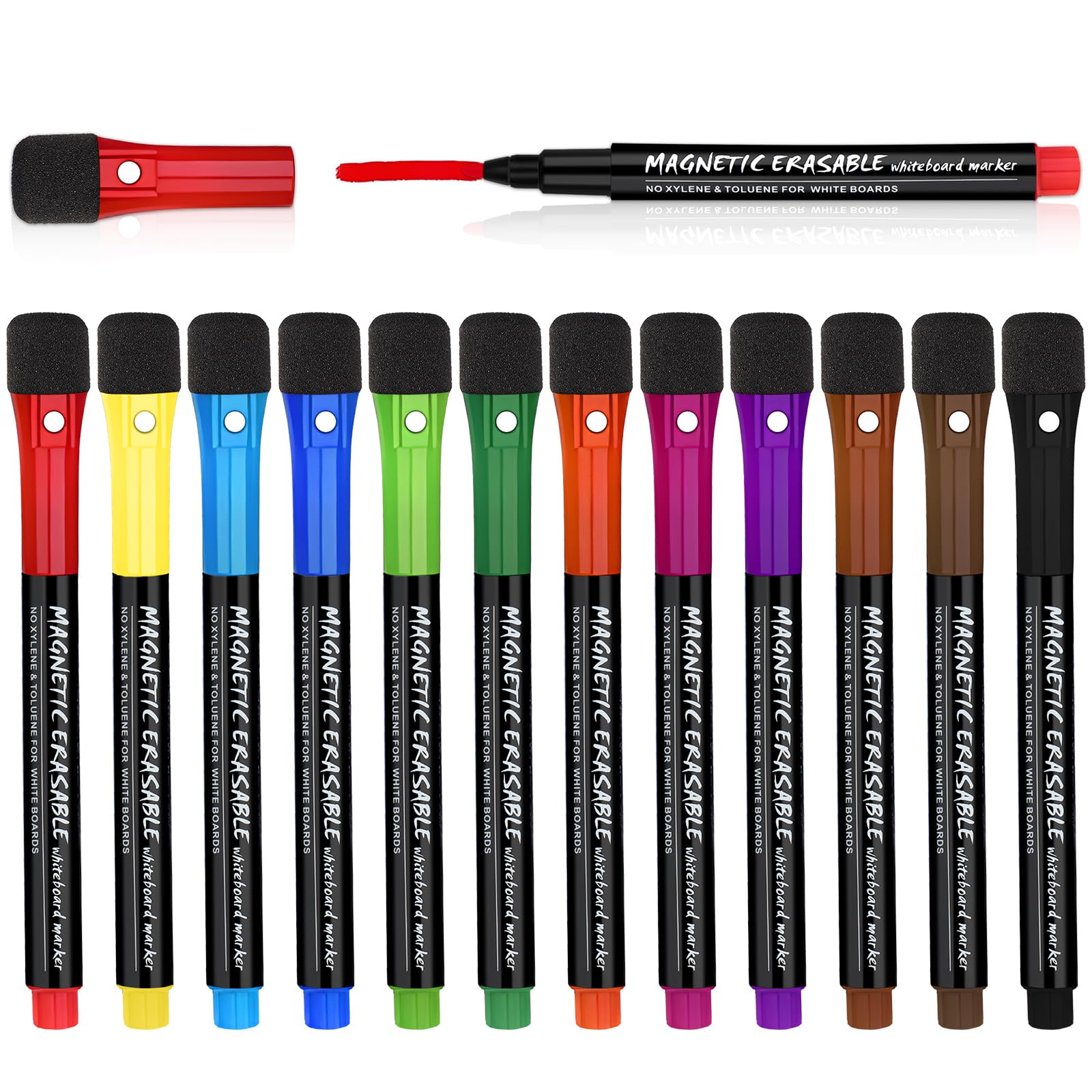 Rotuladores Pizarra Blanca Magnética 12 Pcs Rotulador Pizarra Blanca con Borrador, Rápido Secado y Fácil de Borrar, Whiteboard Marker para Material Hogar Escolar y de Oficina