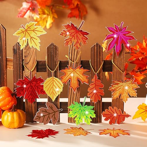 Miniatura 2 de Skylety 20 piezas de adornos de pintura de diamantes de Acción de Gracias para otoño, otoño, hoja de arce, llavero de arte de hojas de arce,